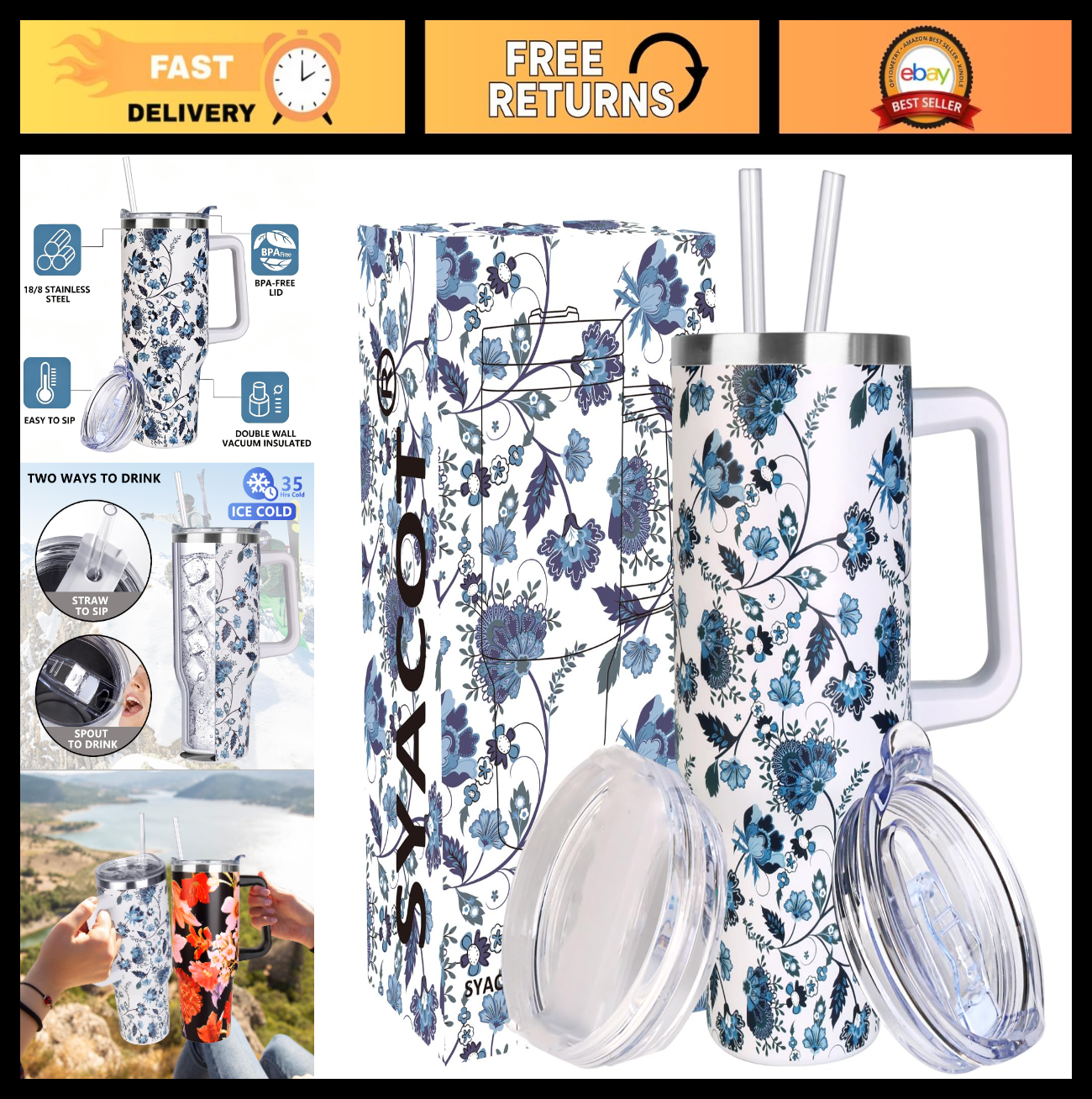 40 oz Insulated Tumbler with Handle & Straw   Leak Proof Travel Mug, Dishwasher0