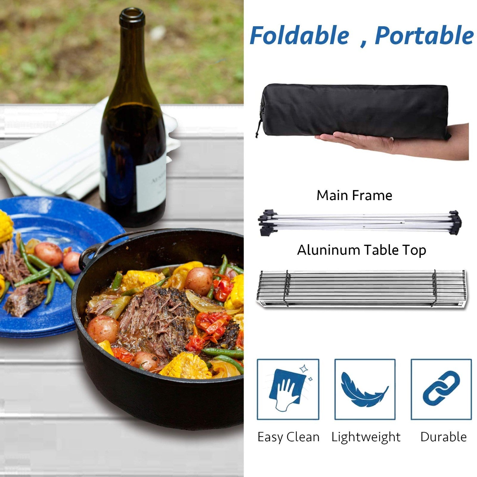 Compact Folding Camping Table with Aluminum Top, Portable Beach Table for Outdoo5