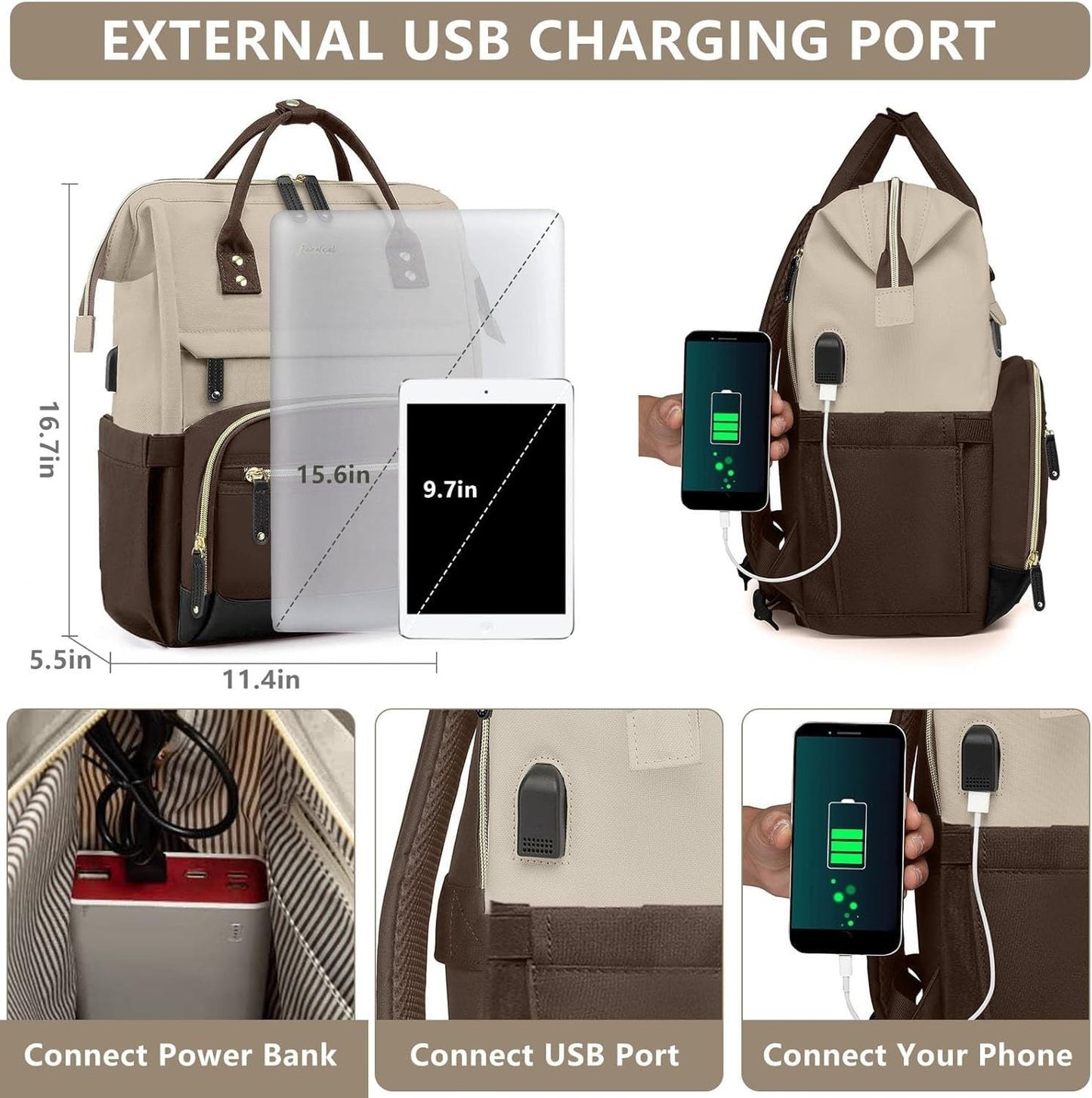 15.6" Laptop Backpack for Women, USB Charging, Large Travel Work Bag, Casual Day2