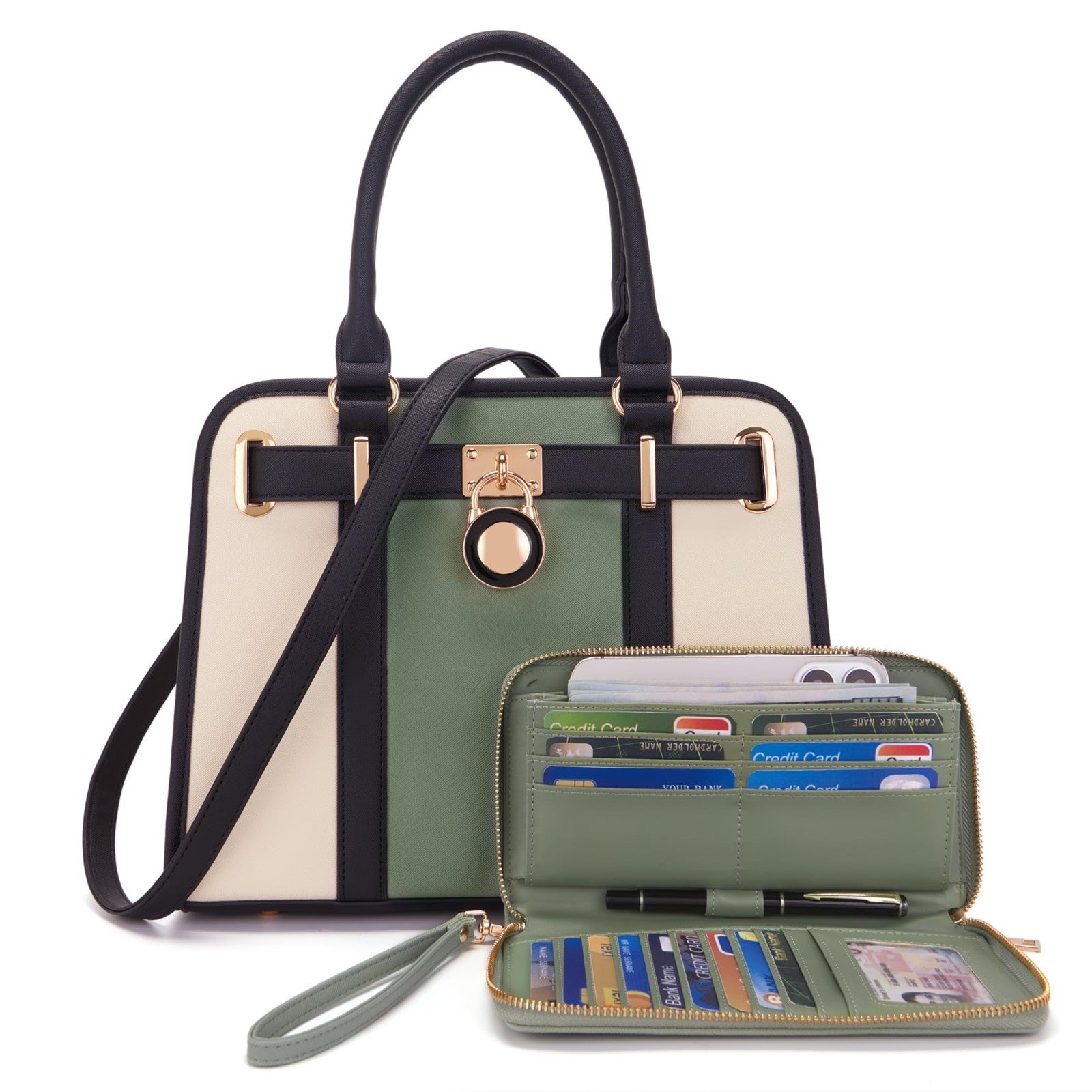 Stylish Women's Structured Satchel Tote Handbag Set with RFID Wallet - Fashion P5
