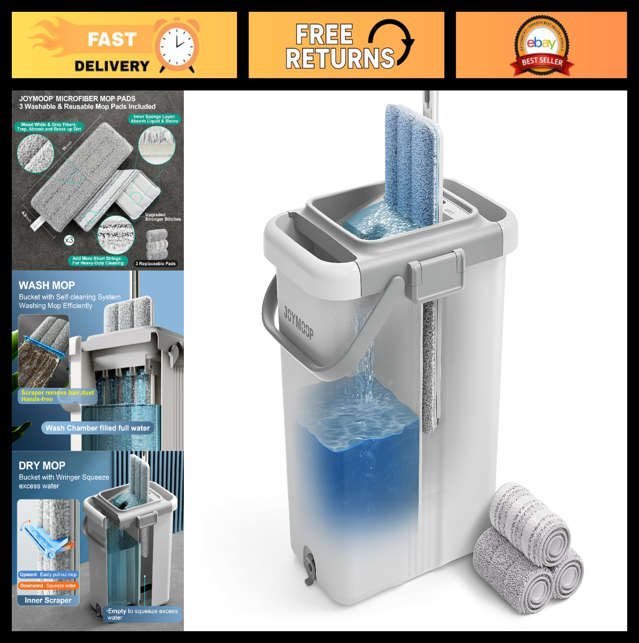 Mop and Bucket Set for Floor & Wall Cleaning, Flat Mop System 60" + 3 Pads, Home0