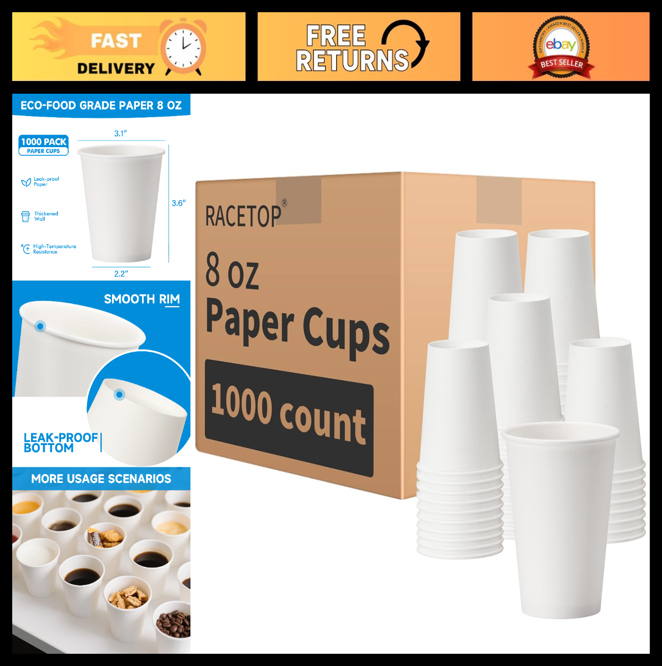 1000 Pack 8 oz Disposable Paper Coffee Cups   Perfect for Parties, Home & Office0