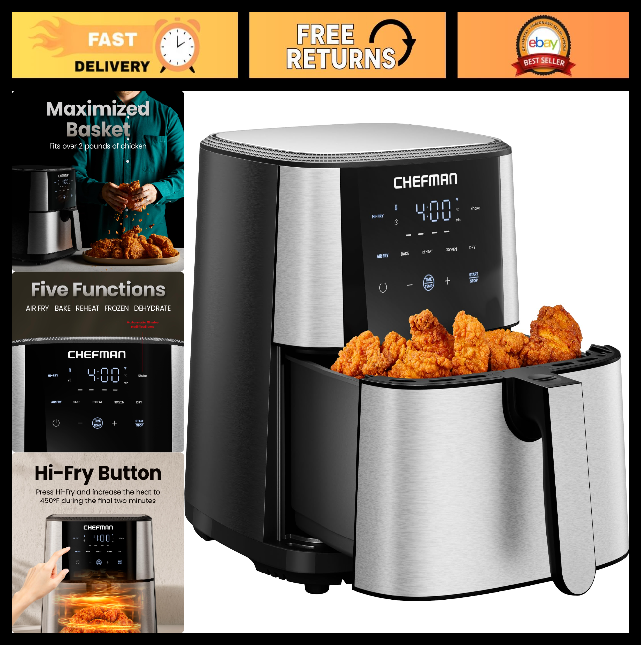 6 Qt Air Fryer 5 in 1 TurboFry | 450°F Hi Fry for Crispy Results | Bake, Dehydra0