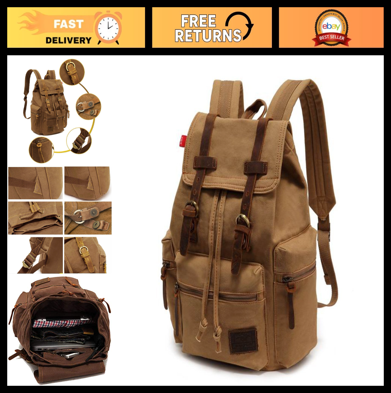 Vintage Canvas Backpack with Leather Trim, Padded Laptop Sleeve 12" 17", Travel0