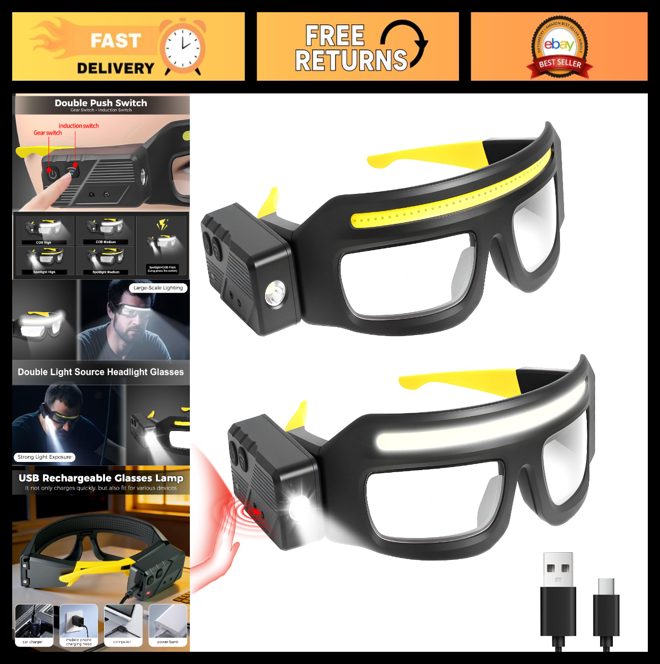 Adjustable Motion Sensor Headlamp Glasses   Rechargeable Safety Light for Campin0