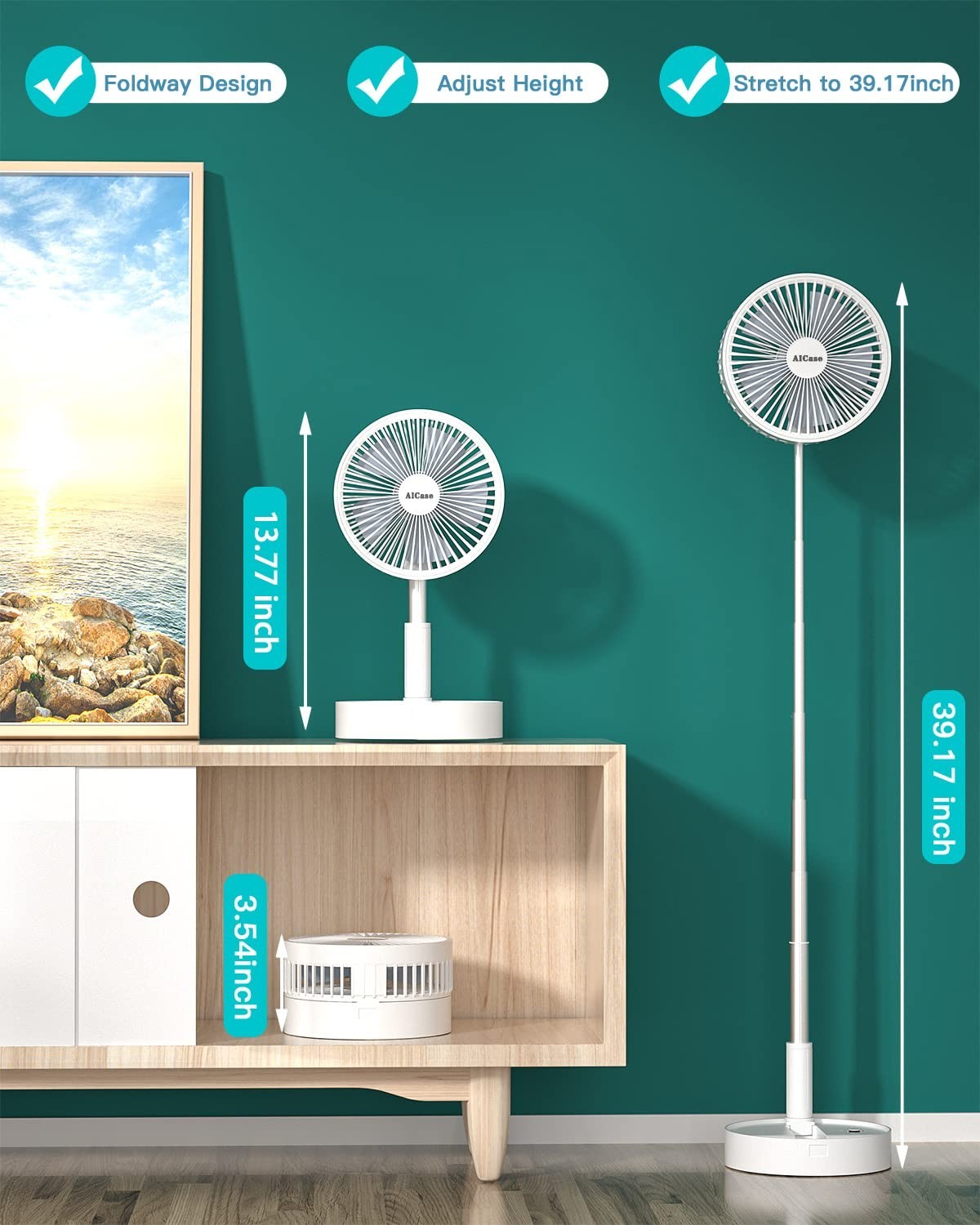 Portable Folding Stand Fan, USB Rechargeable 7200mAh, 4 Speed Adjustable Height,2