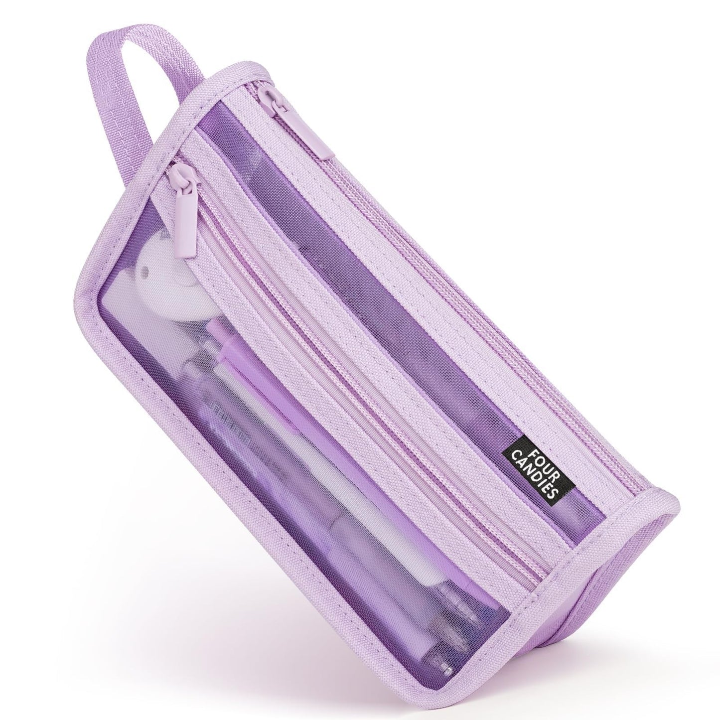 Clear Double Layer Pencil Case with Handle   Four Candies Grid Mesh, Purple0
