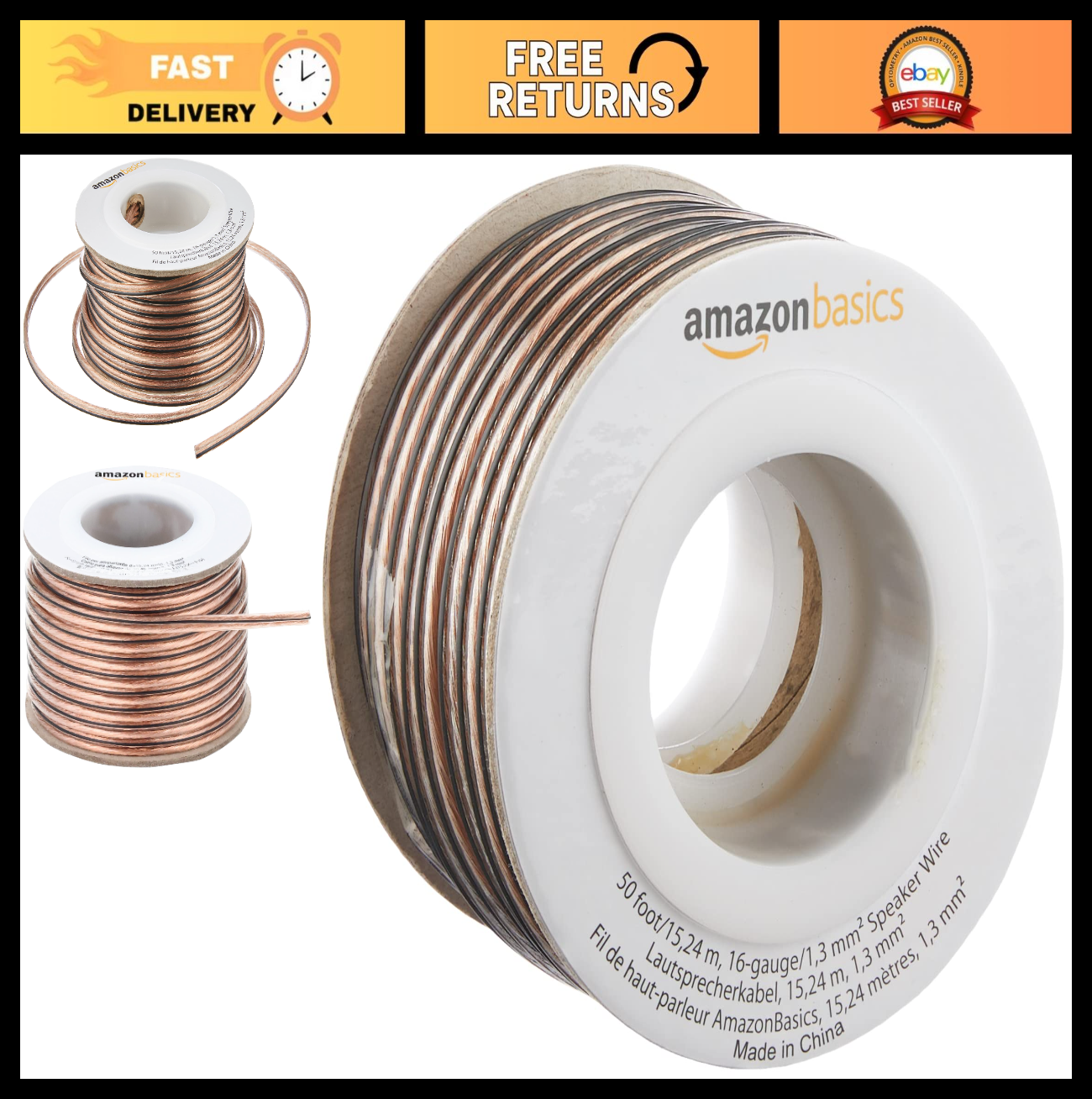 16 Gauge Speaker Wire Cable, 50ft, Polarity Marked, Transparent Audio Connection0