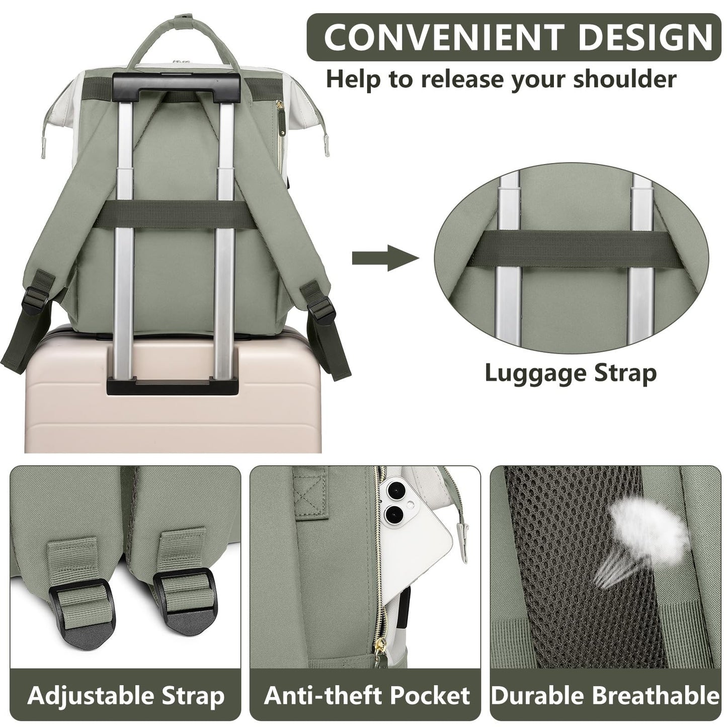 15.6" Laptop Backpack for Women, USB Charging, Large Travel Work Bag, Casual Day3