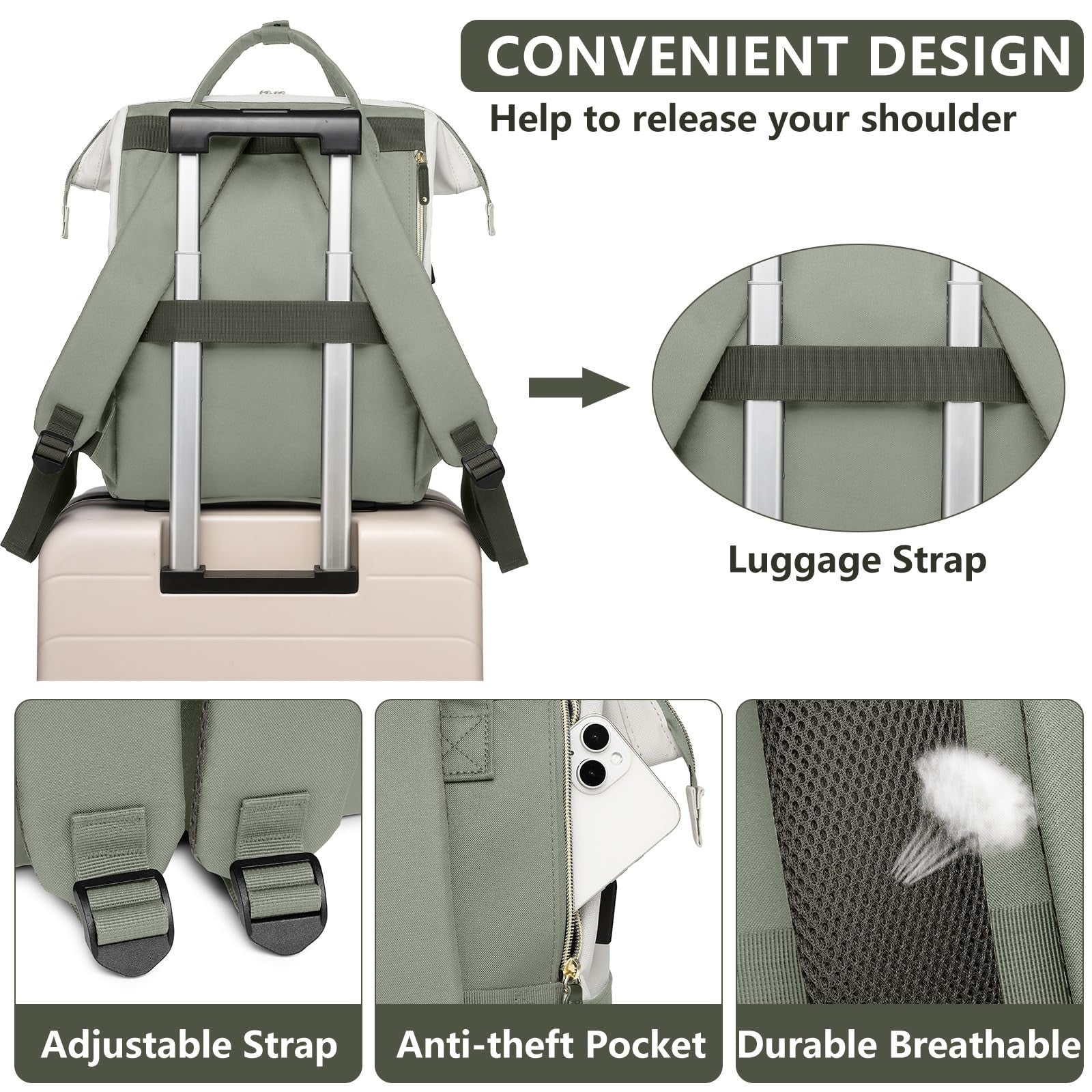 15.6" Laptop Backpack for Women, USB Charging, Large Travel Work Bag, Casual Day3