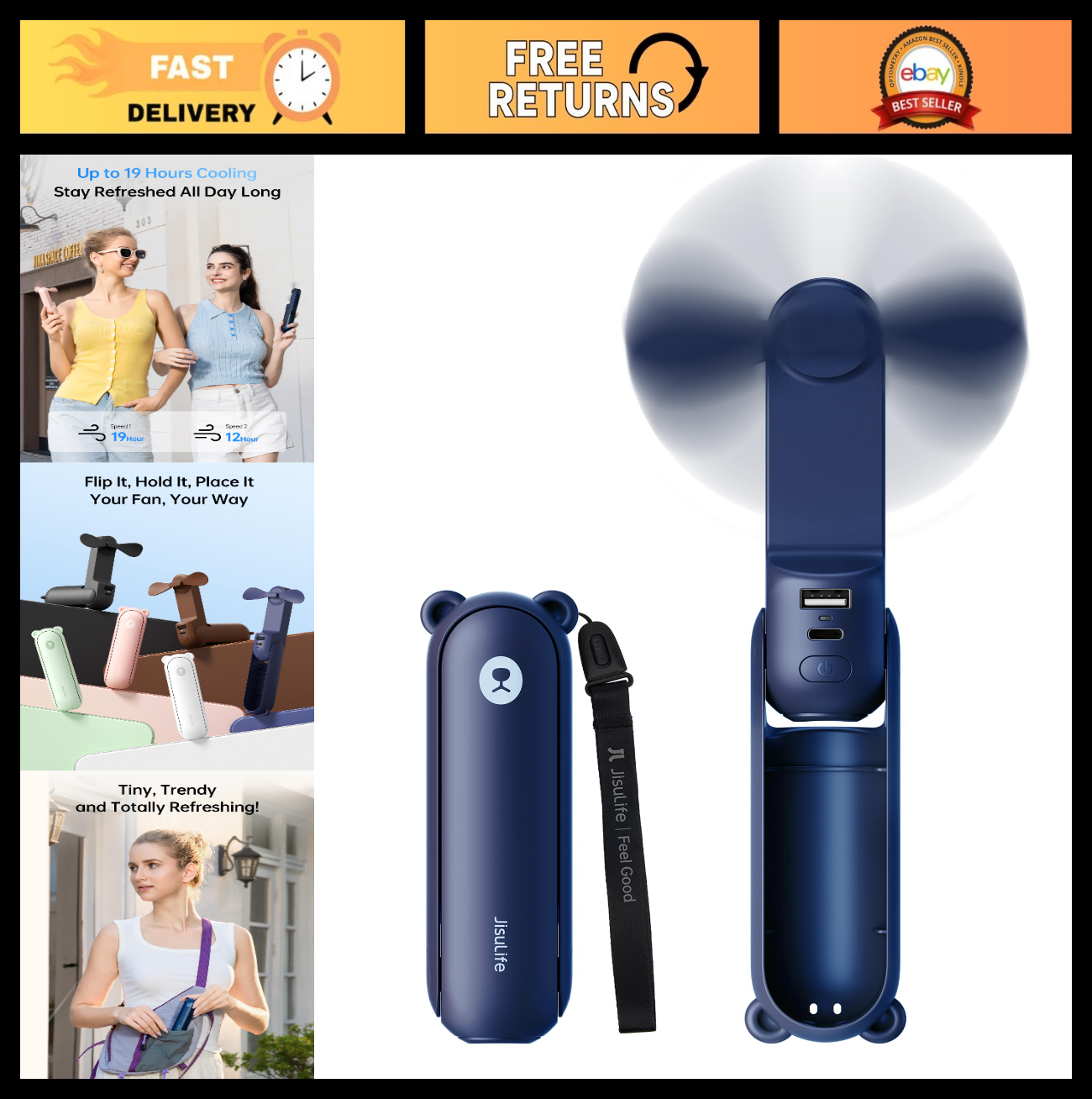 3 in 1 Portable Fan with Power Bank & Flashlight | 19H Cooling, USB Rechargeable0