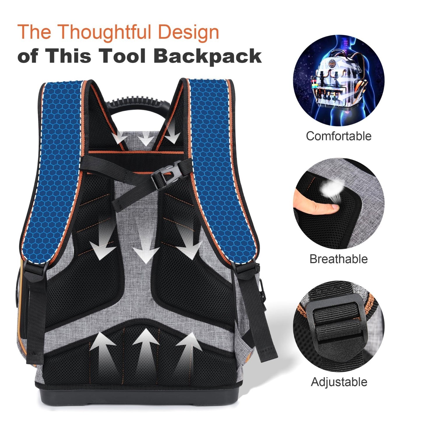Heavy Duty Tool Backpack 18.5"   56 Pockets, Molded Bottom, Gray Storage Bag6