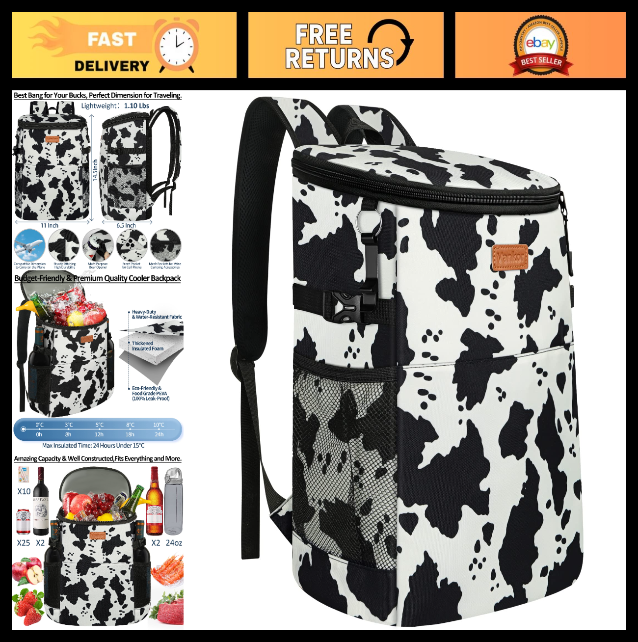 Insulated Camping Cooler Backpack - Holds 30-45 Cans, Waterproof & Leak Proof, I0