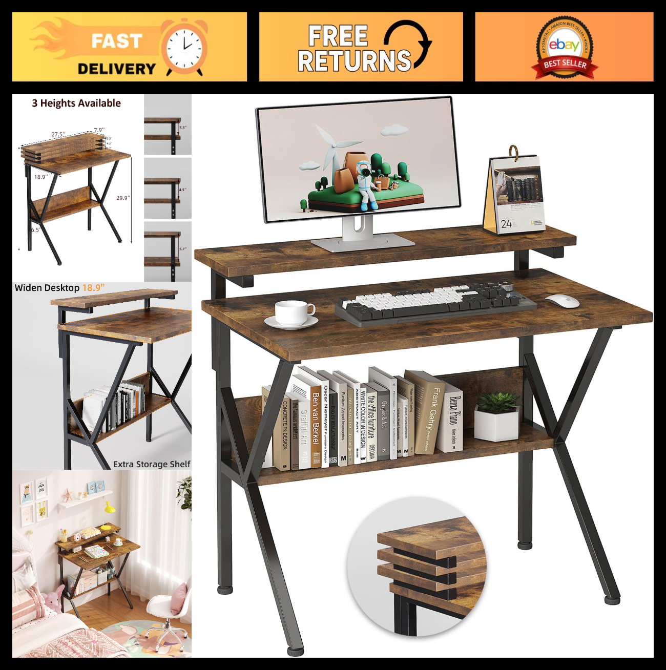 Compact Computer Desk with Adjustable Monitor Stand & Storage - Rustic Brown0