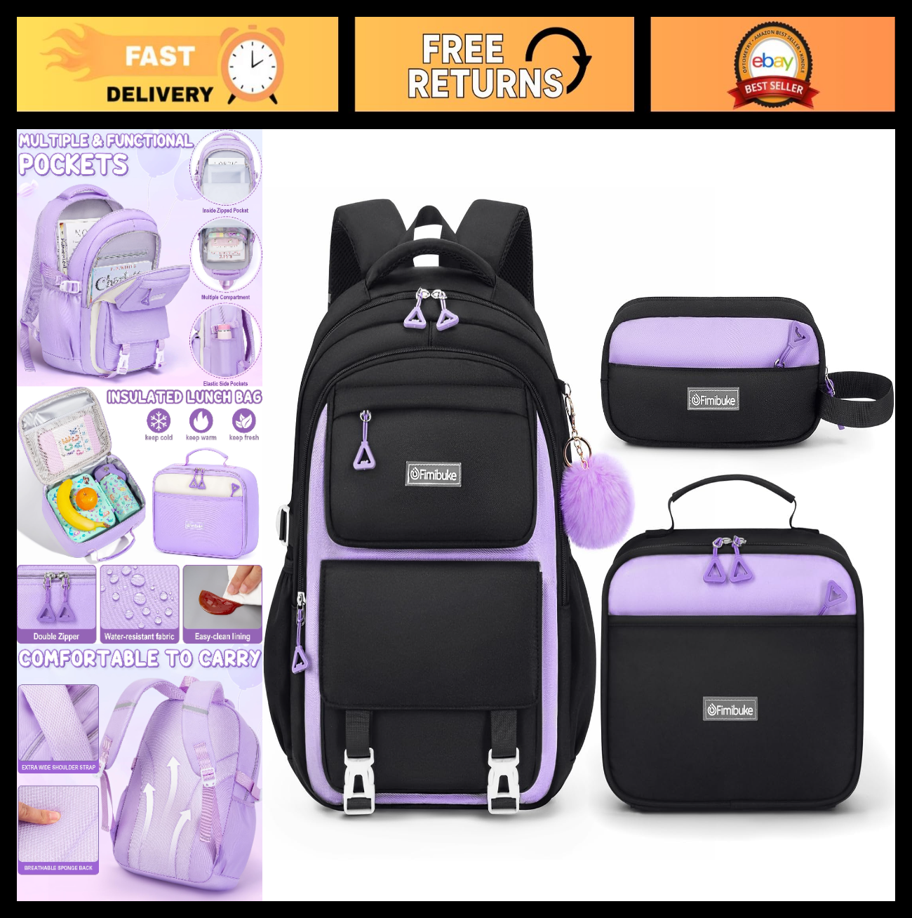 Waterproof School Backpack for Girls with Lunch Box & Pencil Case   Stylish & Du0