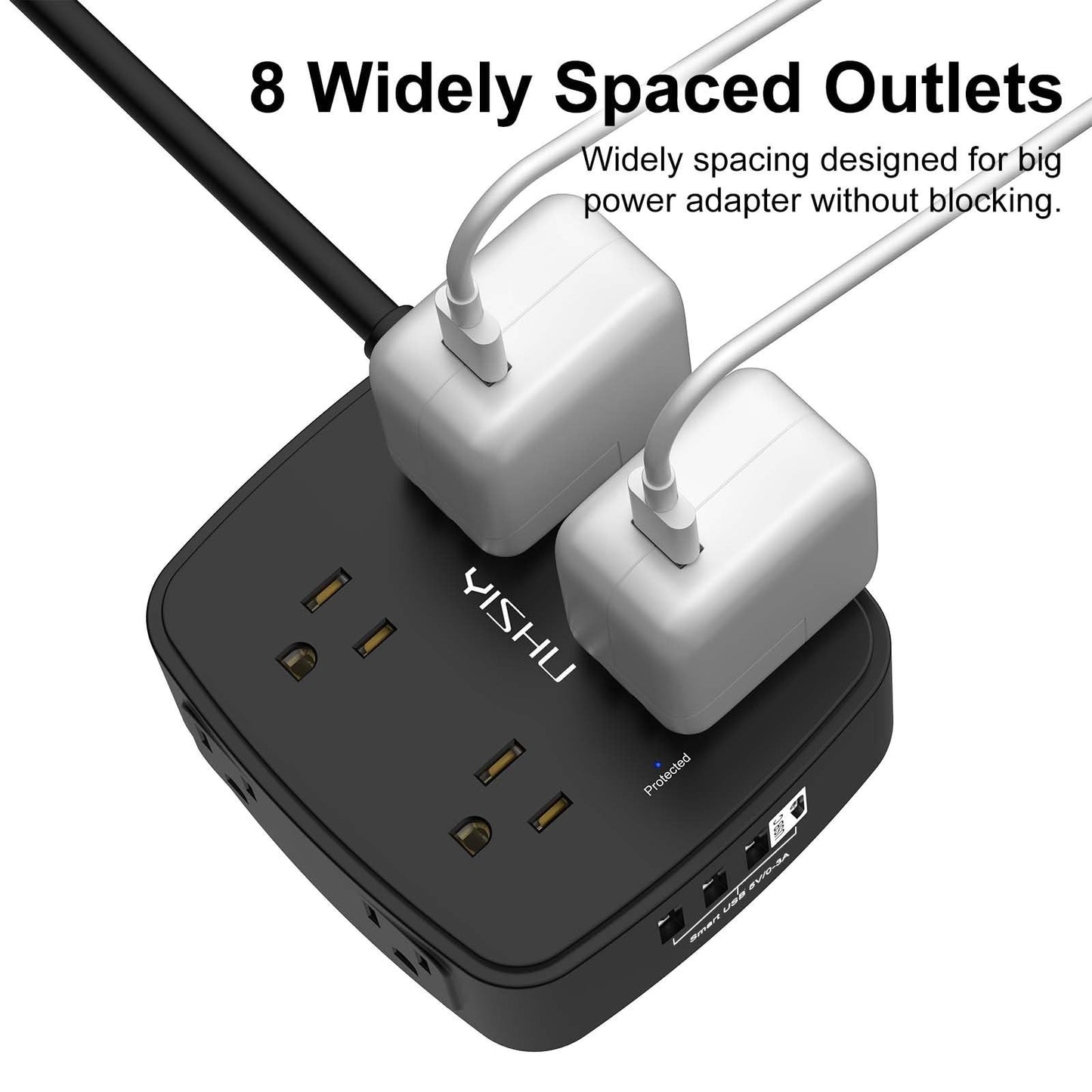 10Ft Surge Protector Power Strip, 8 Outlets & 4 USB Ports, Flat Plug, Wall Mount4