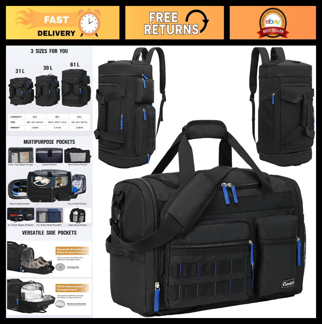 3-in-1 Gym Bag for Men & Women, 31L Sports Duffel Backpack, Wet Pocket & Shoe Co0