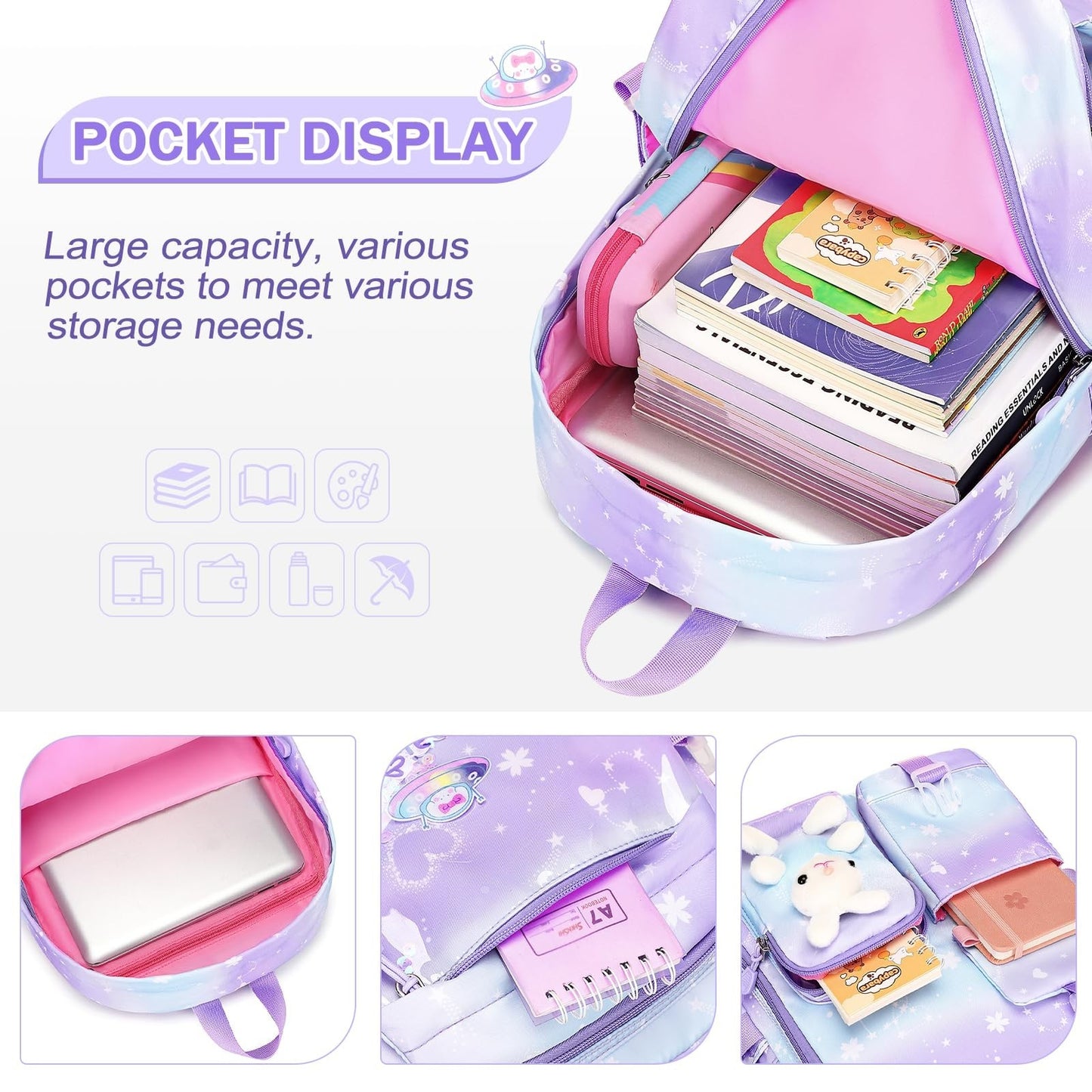 Kawaii Bunny Girls Backpack Set, 4PCS School Bags with Tote, Lunch Box & Pencil3