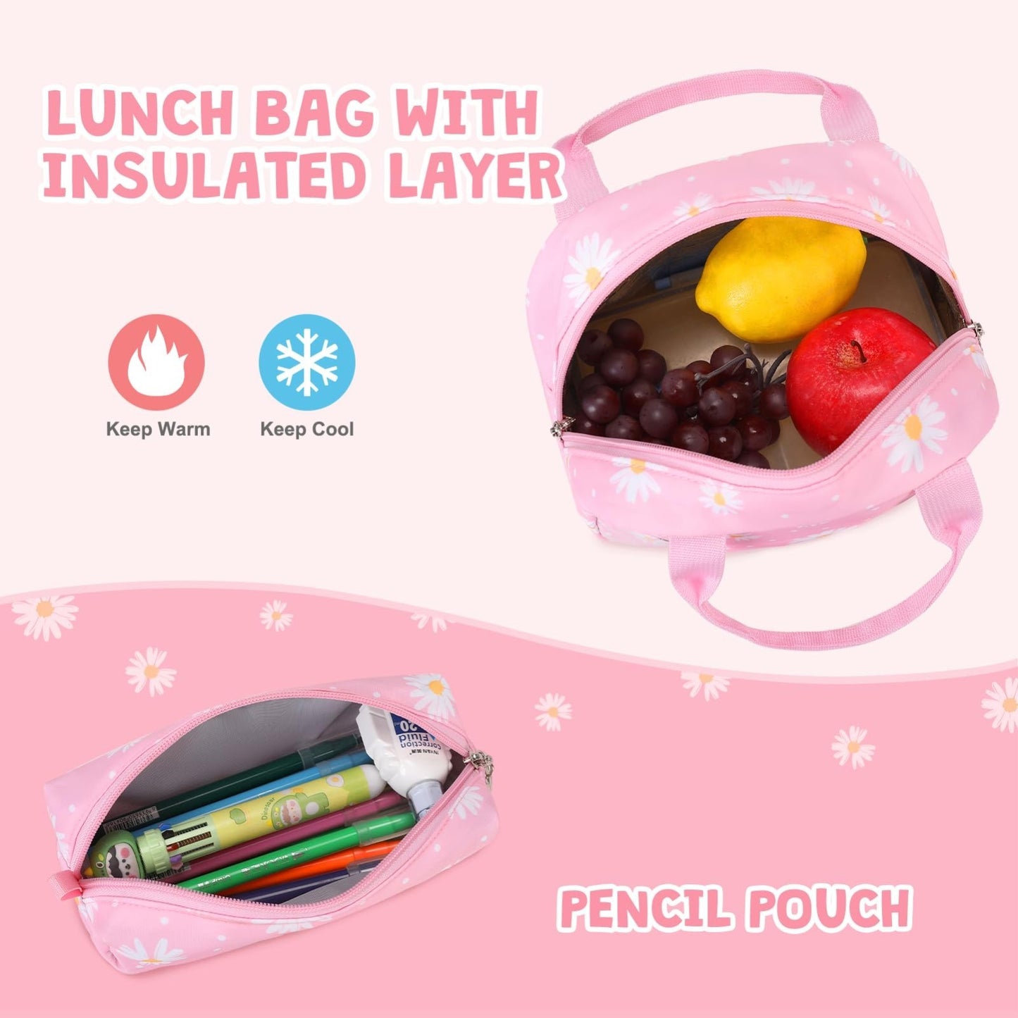 Stylish Girls Backpack with Lunch Bag & Pencil Pouch   Teen Laptop Bookbag, Pink5