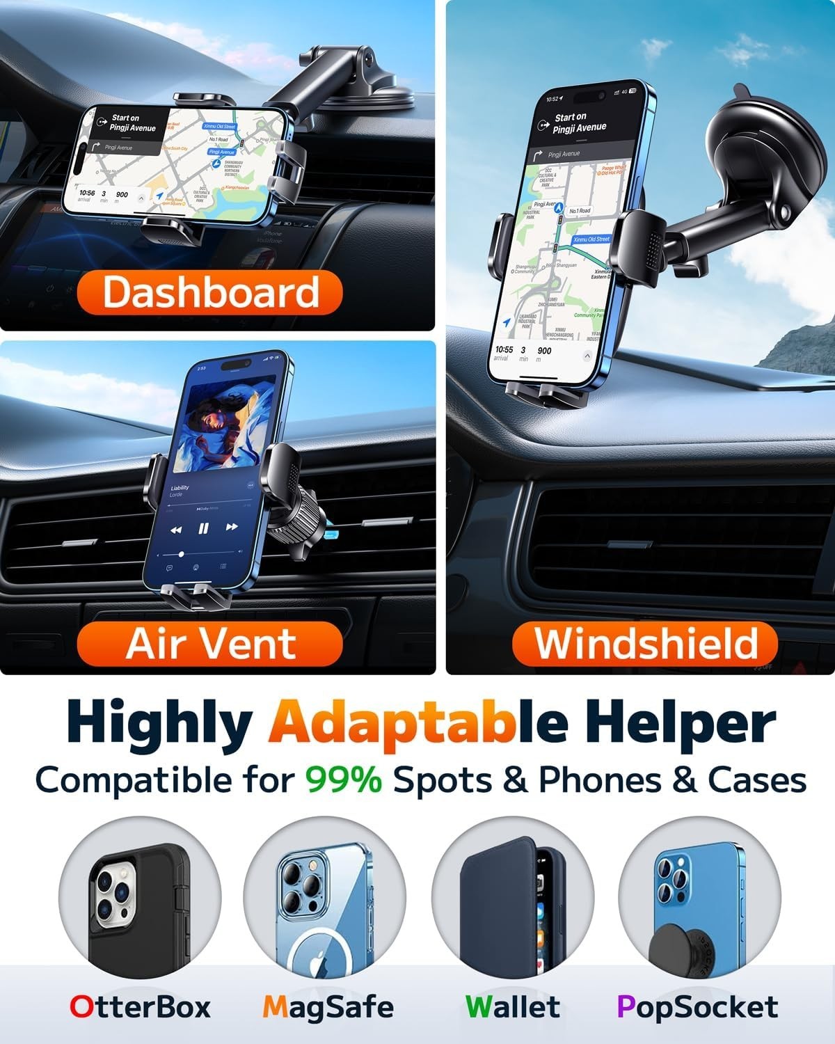 Universal Car Phone Holder Mount   Windshield, Dashboard & Air Vent   Hands Free2