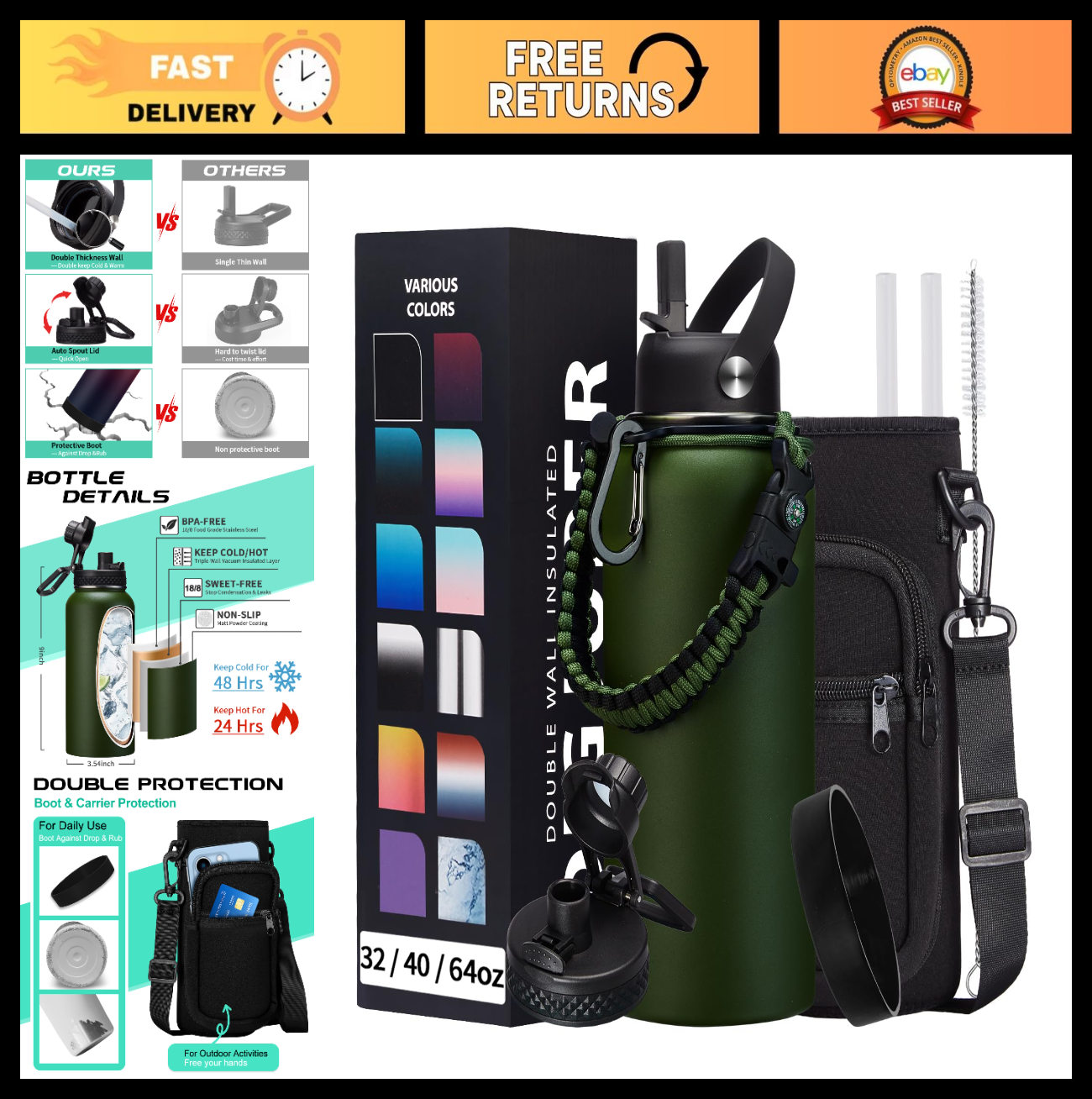 32 oz Insulated Water Bottle   Stainless Steel Vacuum Flask, Cold 48h, Hot 24h,0