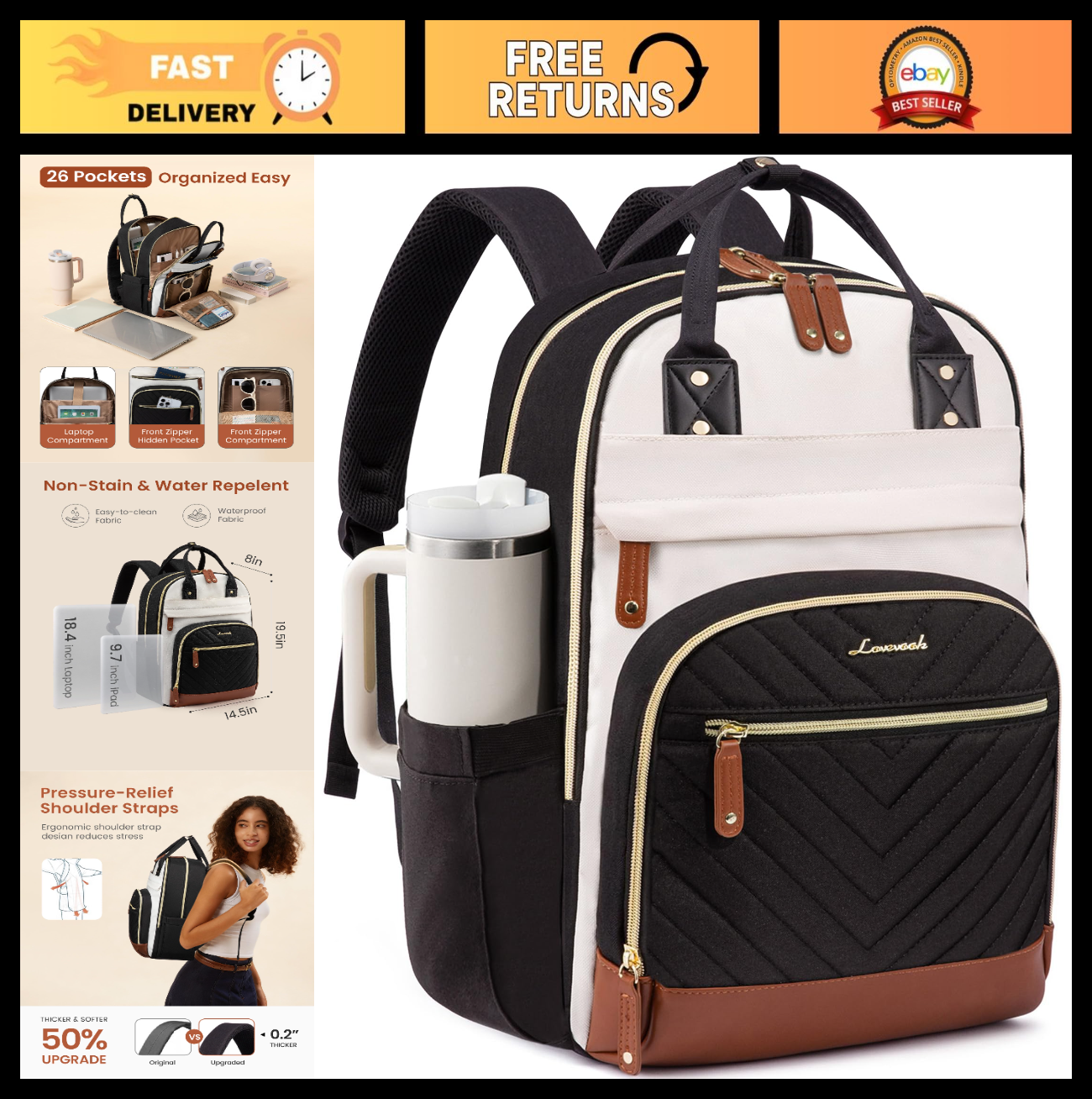 Stylish Waterproof Laptop Backpack with Tumbler Holder, 18" Work & Travel Bag, C0