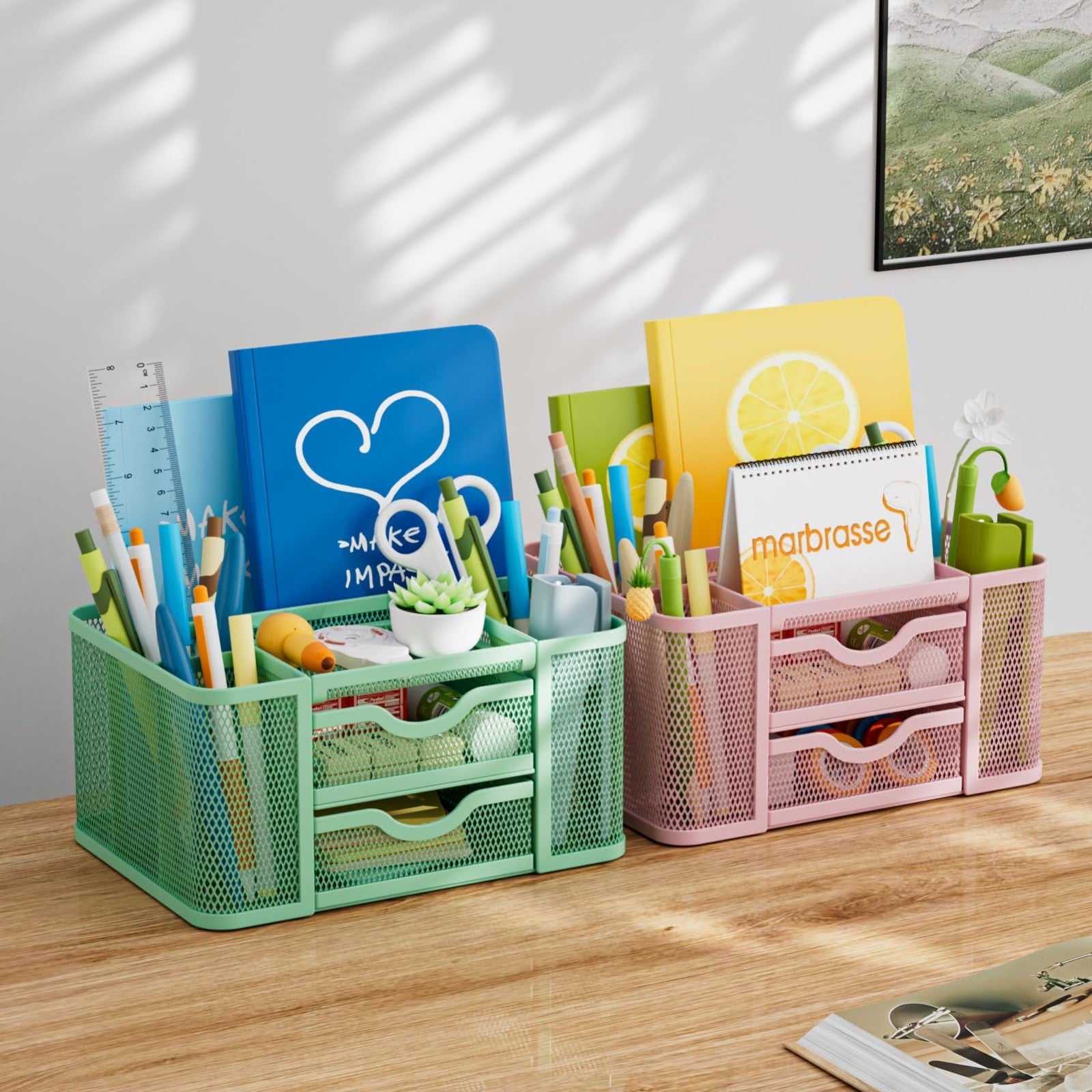 Multi Functional Mesh Desk Organizer with 2 Drawers, 5 Compartments, Green Penci2