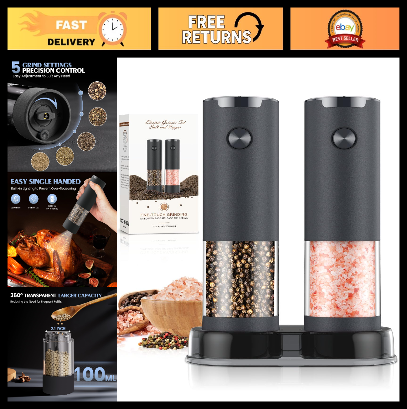 Automatic Electric Salt and Pepper Grinder Set   Adjustable Coarseness, LED, Lar0