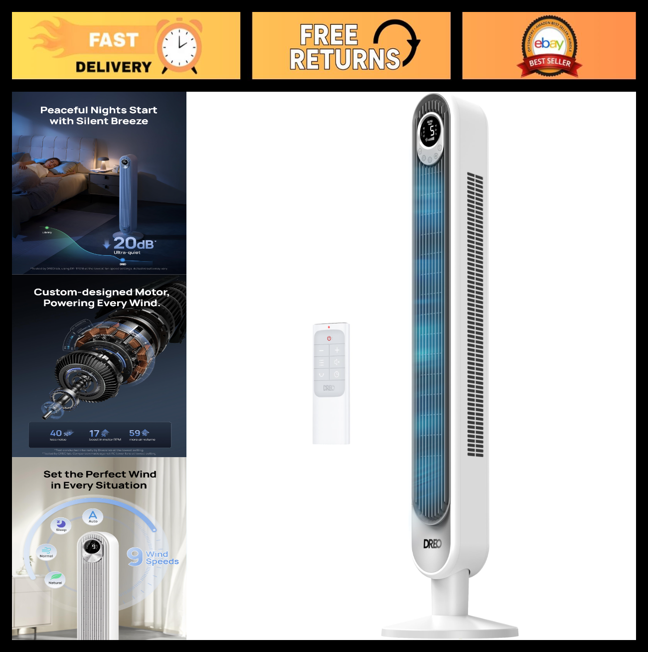 Quiet 42" Tower Fan   High Velocity 28ft/s, 9 Speeds, 4 Modes, 12H Timer, 90° Os0