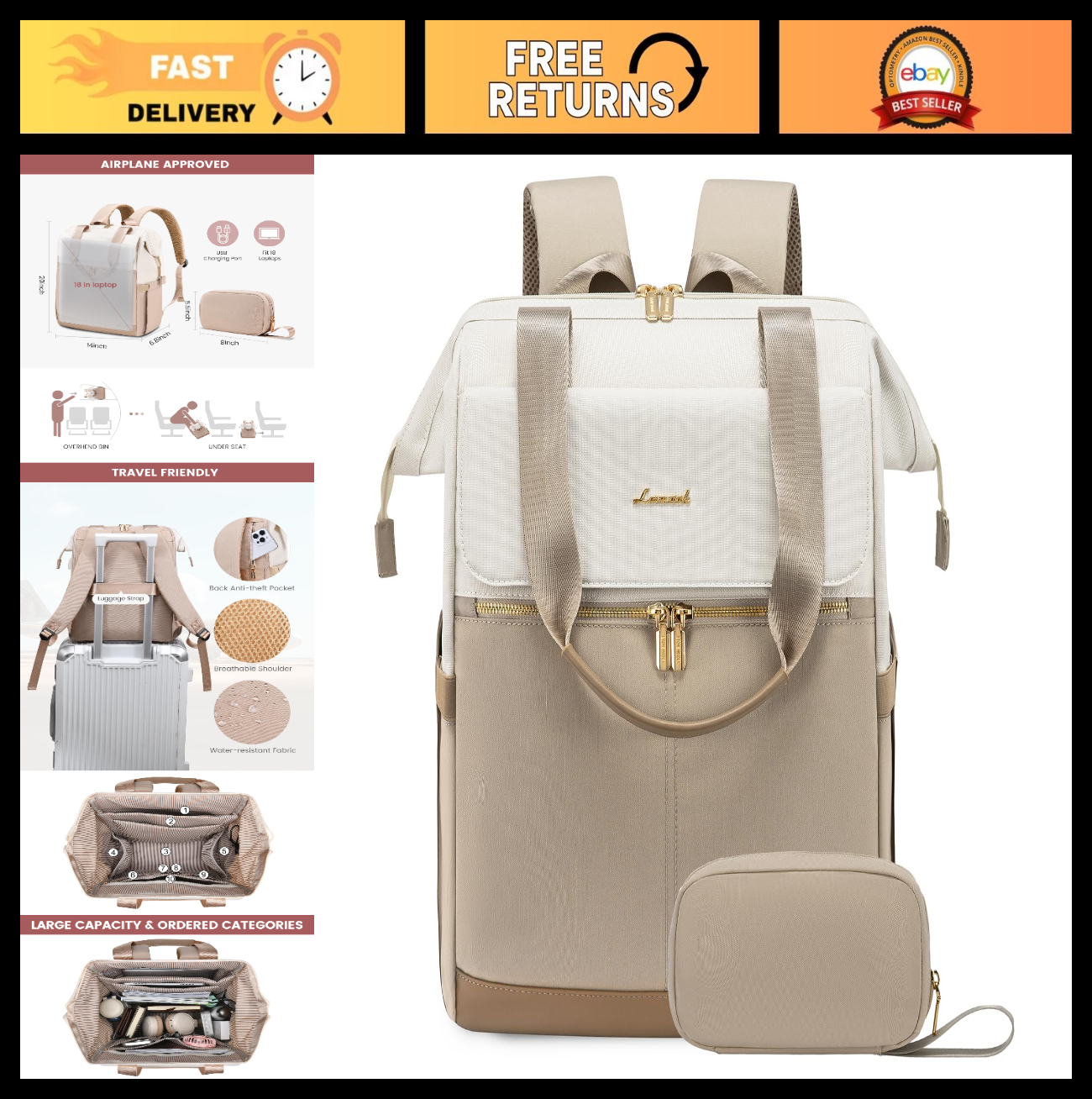 Large Capacity 18" Laptop Backpack for Women, Waterproof Travel Bag with USB Por0