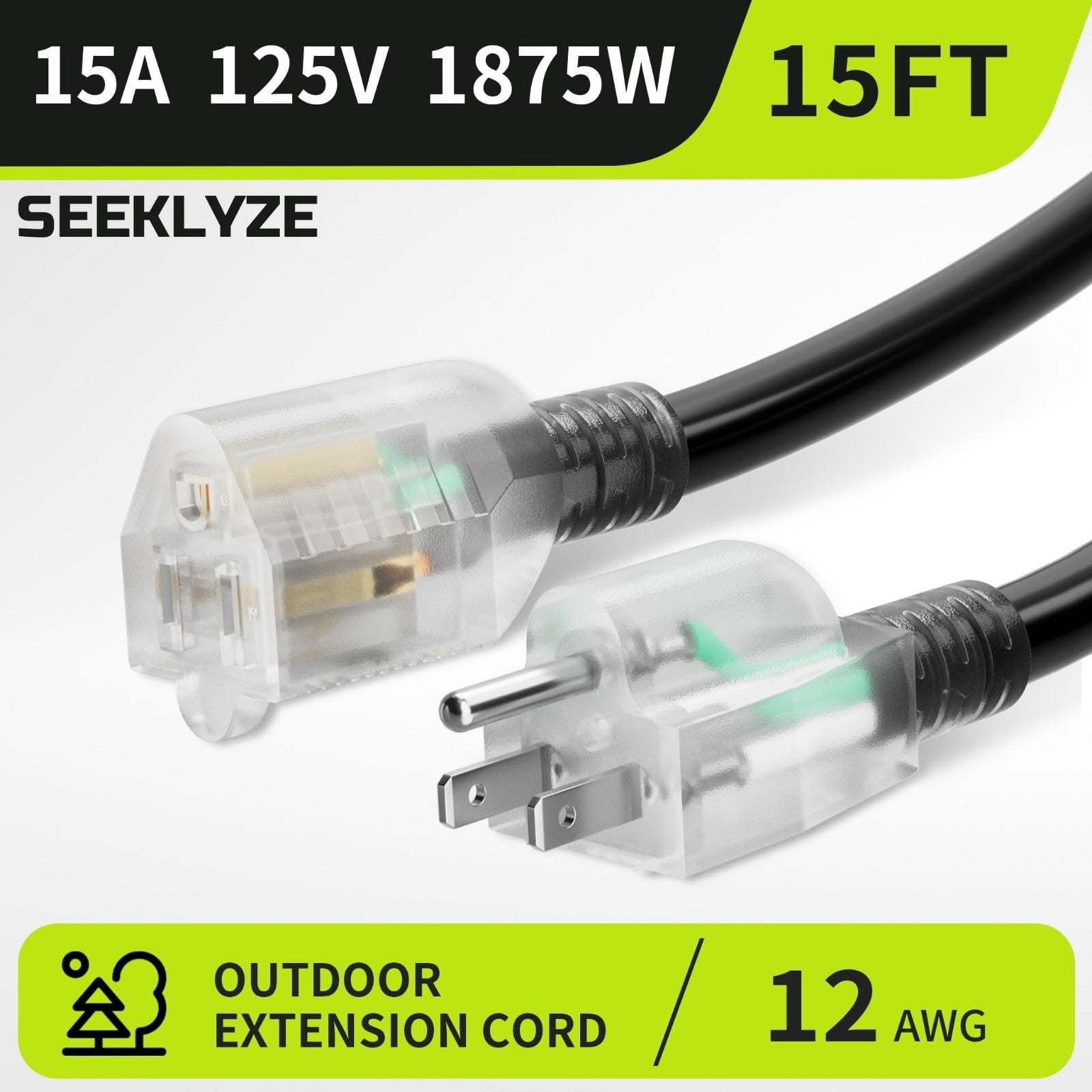 Heavy Duty 12AWG 15FT Outdoor Extension Cord, Lighted End, Weather Resistant2