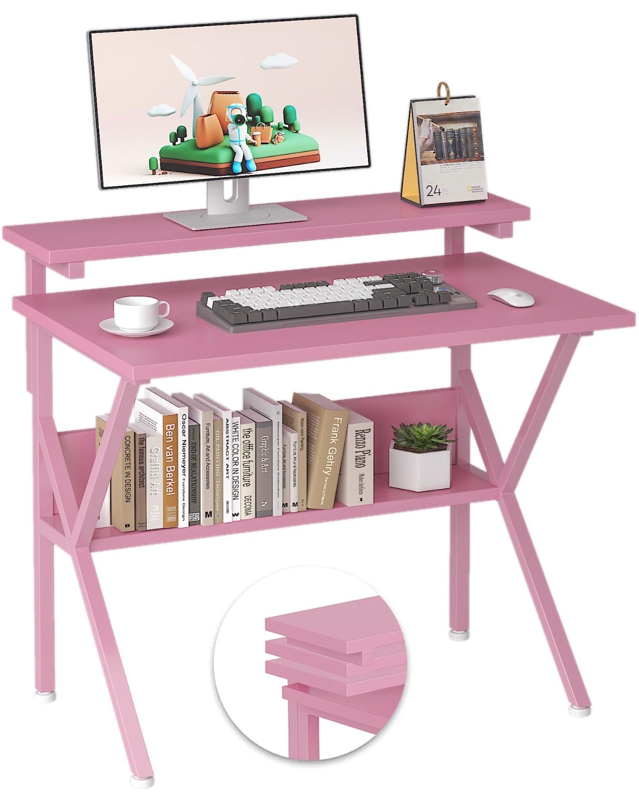Compact 27.5" Computer Desk with Adjustable Monitor Stand & Storage - Pink Study1