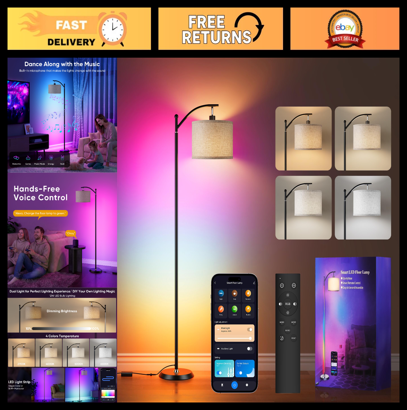 Color Changing Smart LED Corner Lamp with Linen Shade, Alexa Compatible, Music S0