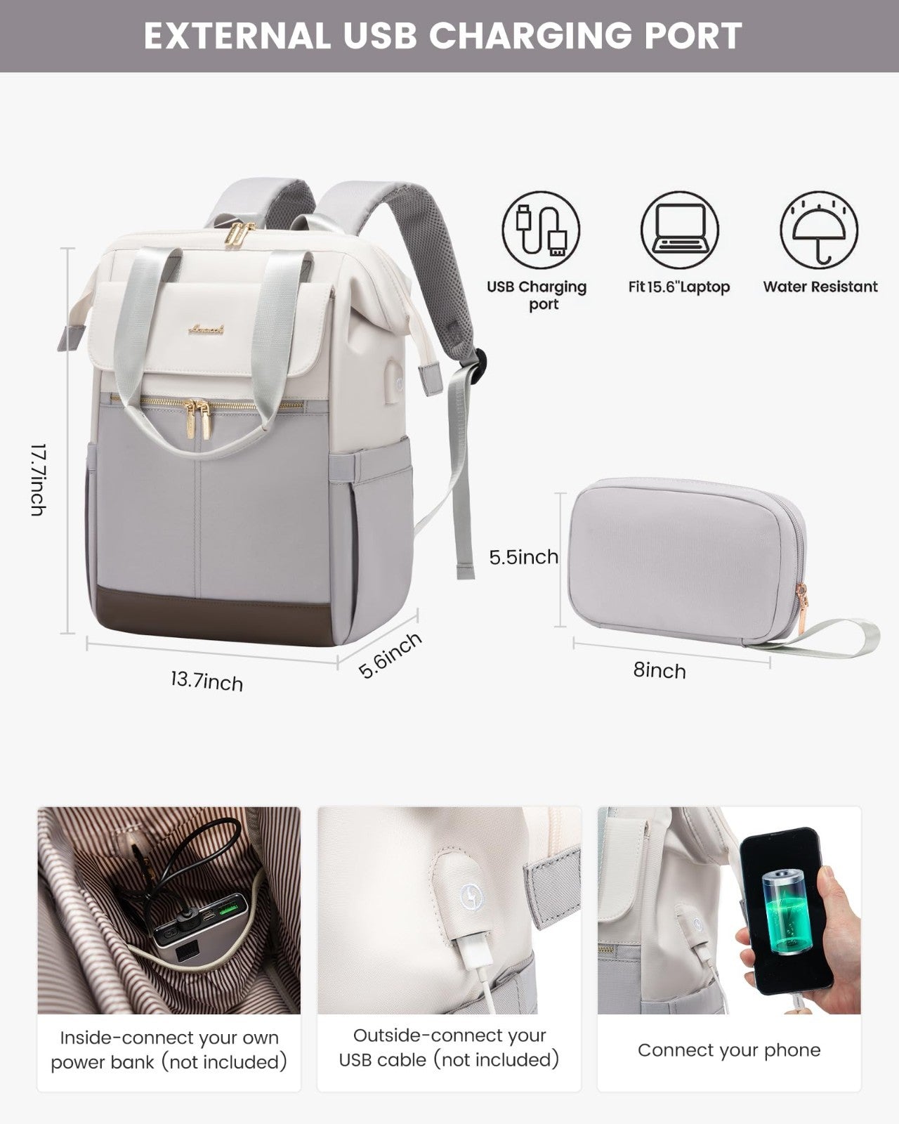 Stylish Women's Laptop Backpack with USB Port, 15.6" Work Bag, Waterproof, 2PCS2