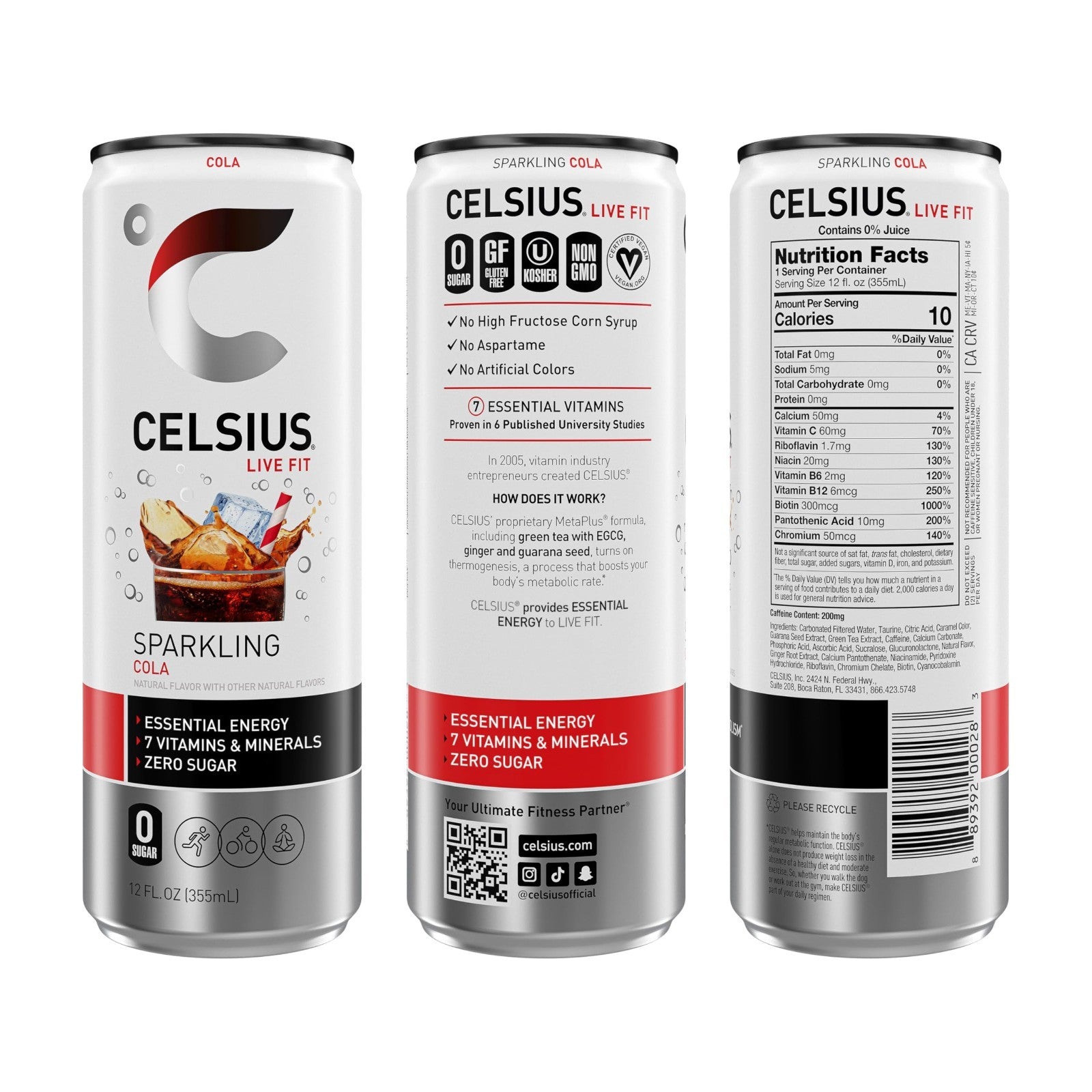 Sugar Free Sparkling Cola Energy Drink, 12 Fl Oz, Pack of 12 Cans, Refreshing Bo1