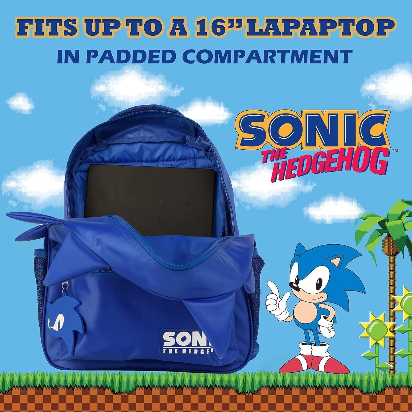 Sonic Backpack for Kids, 16" School Bag with Adjustable Straps & Padded Back, Bl6