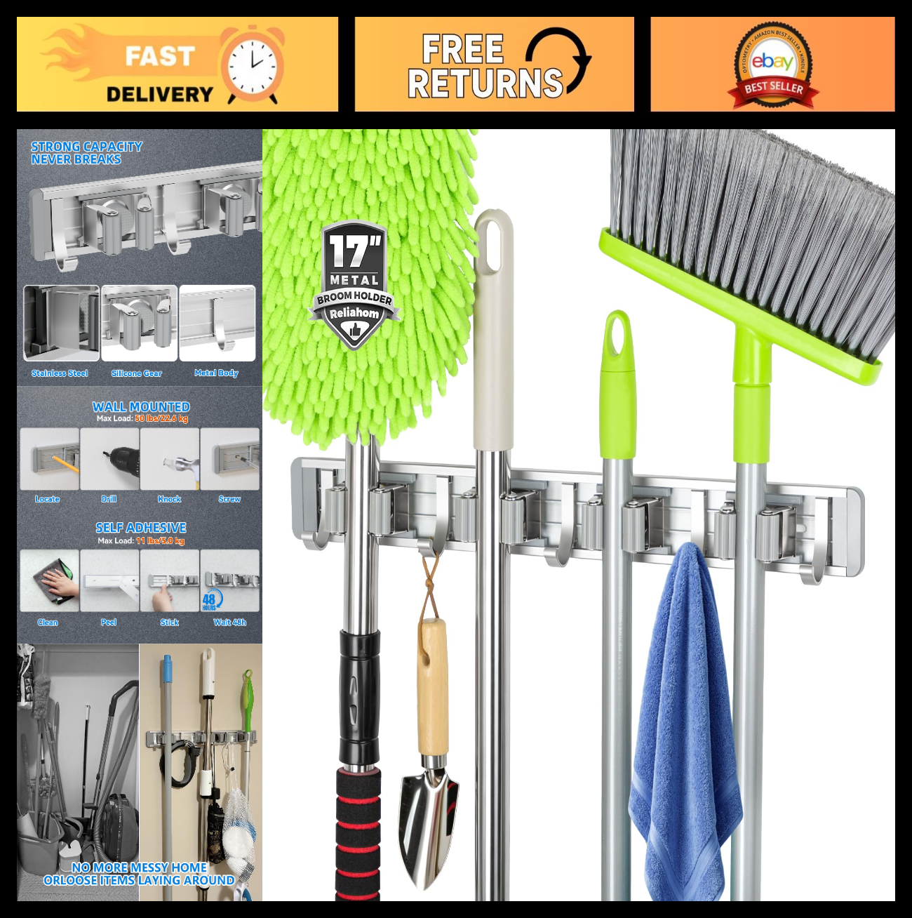 Wall Mount Broom Holder & Mop Hanger - 4 Racks & 5 Hooks Tool Organizer0