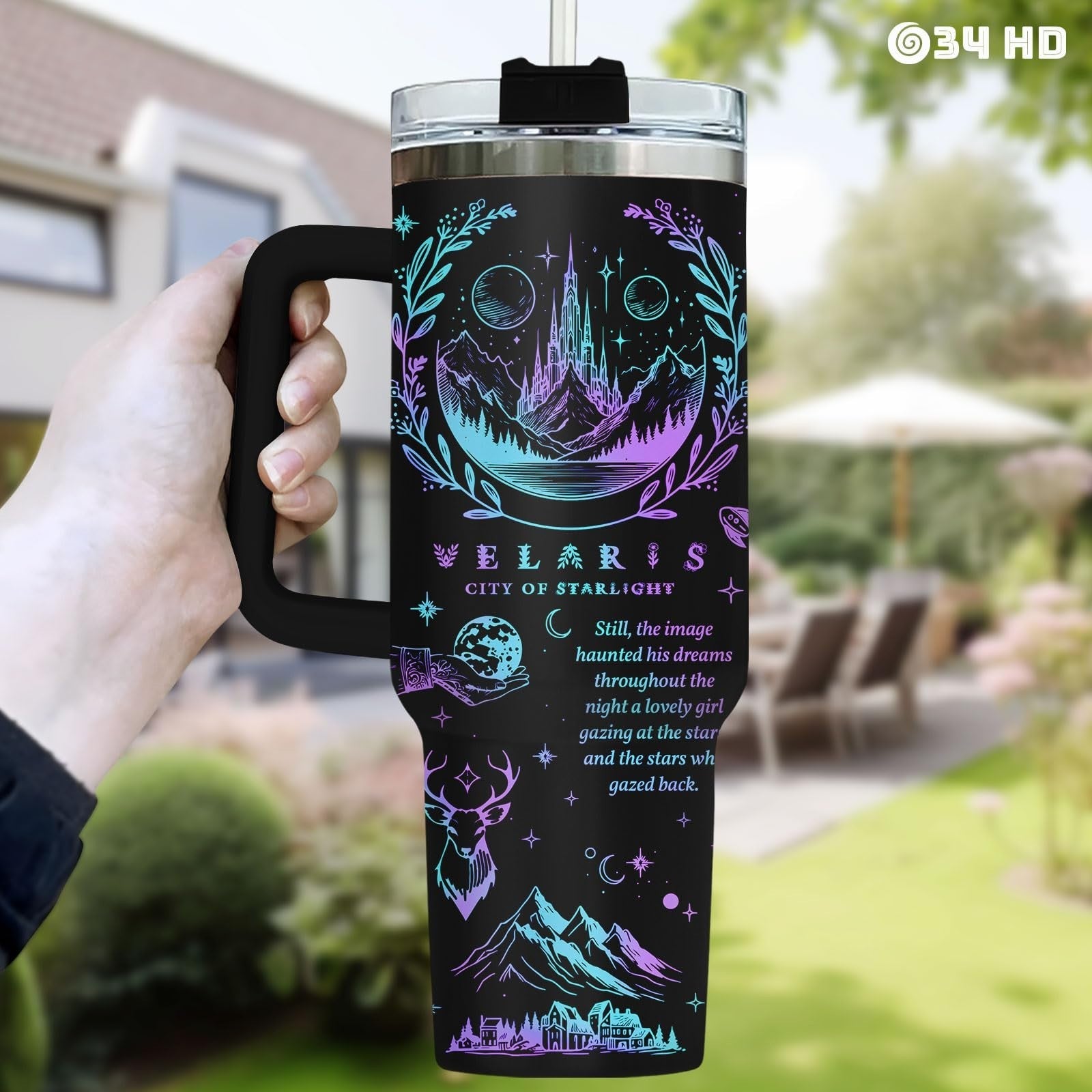 40oz Insulated Tumbler with Handle & Straw   Celestial Night Sky Design, Perfect5