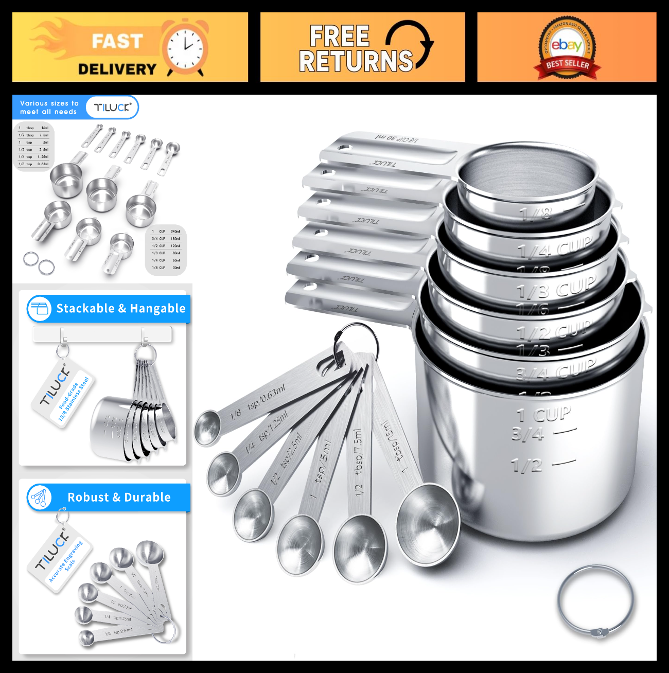 Stainless Steel Measuring Cups & Spoons Set   Nesting Kitchen Tools for Cooking0