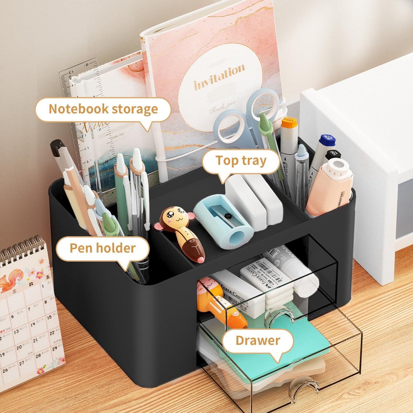 Multi Functional Desk Organizer with 2 Drawers, 5 Compartments for Office Suppli3