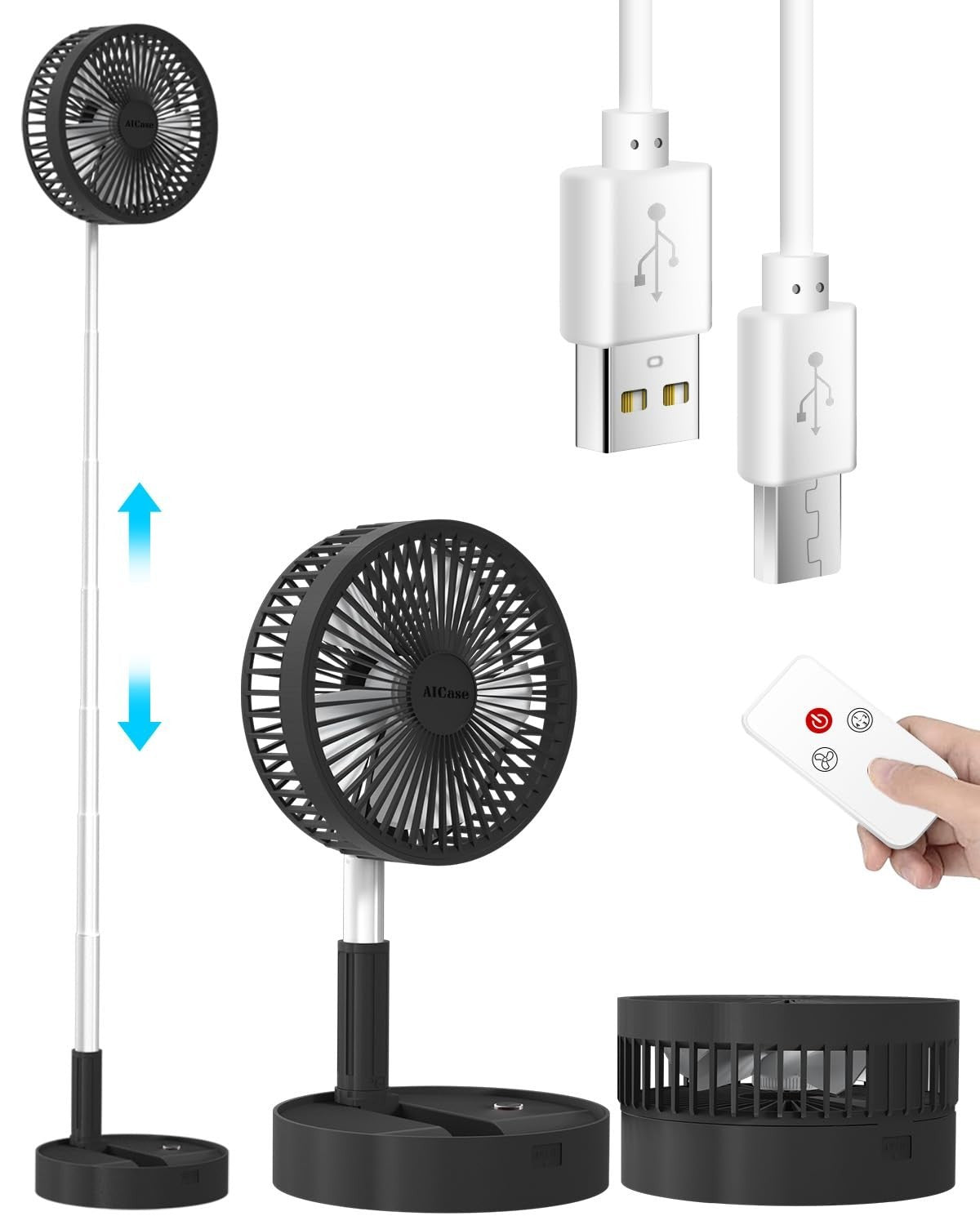 Portable Folding Stand Fan, USB Rechargeable 7200mAh, 4 Speed Adjustable Height,1