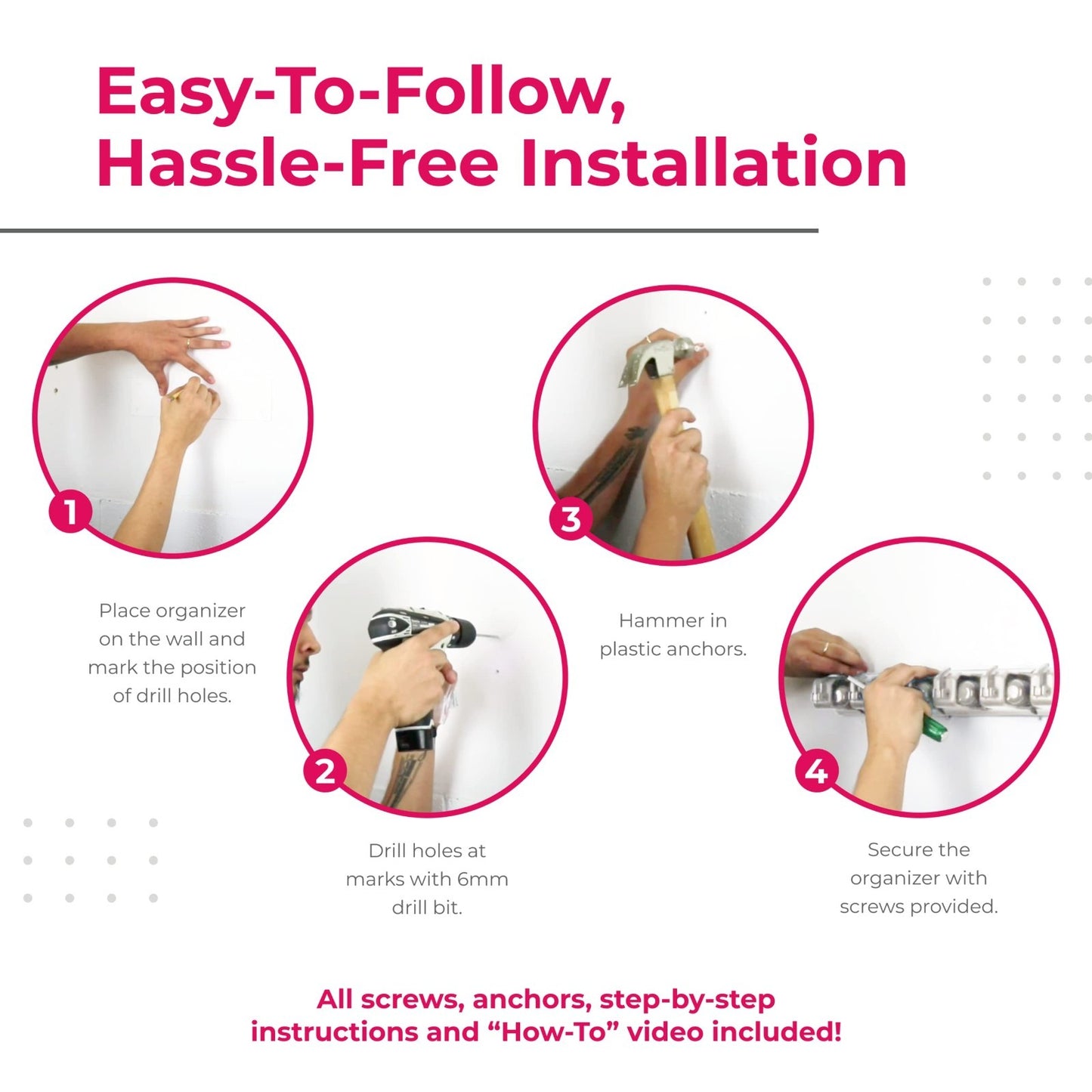 Wall Mount Broom Holder & Mop Organizer - 5 Slots, 6 Hooks for Garage, Kitchen,7
