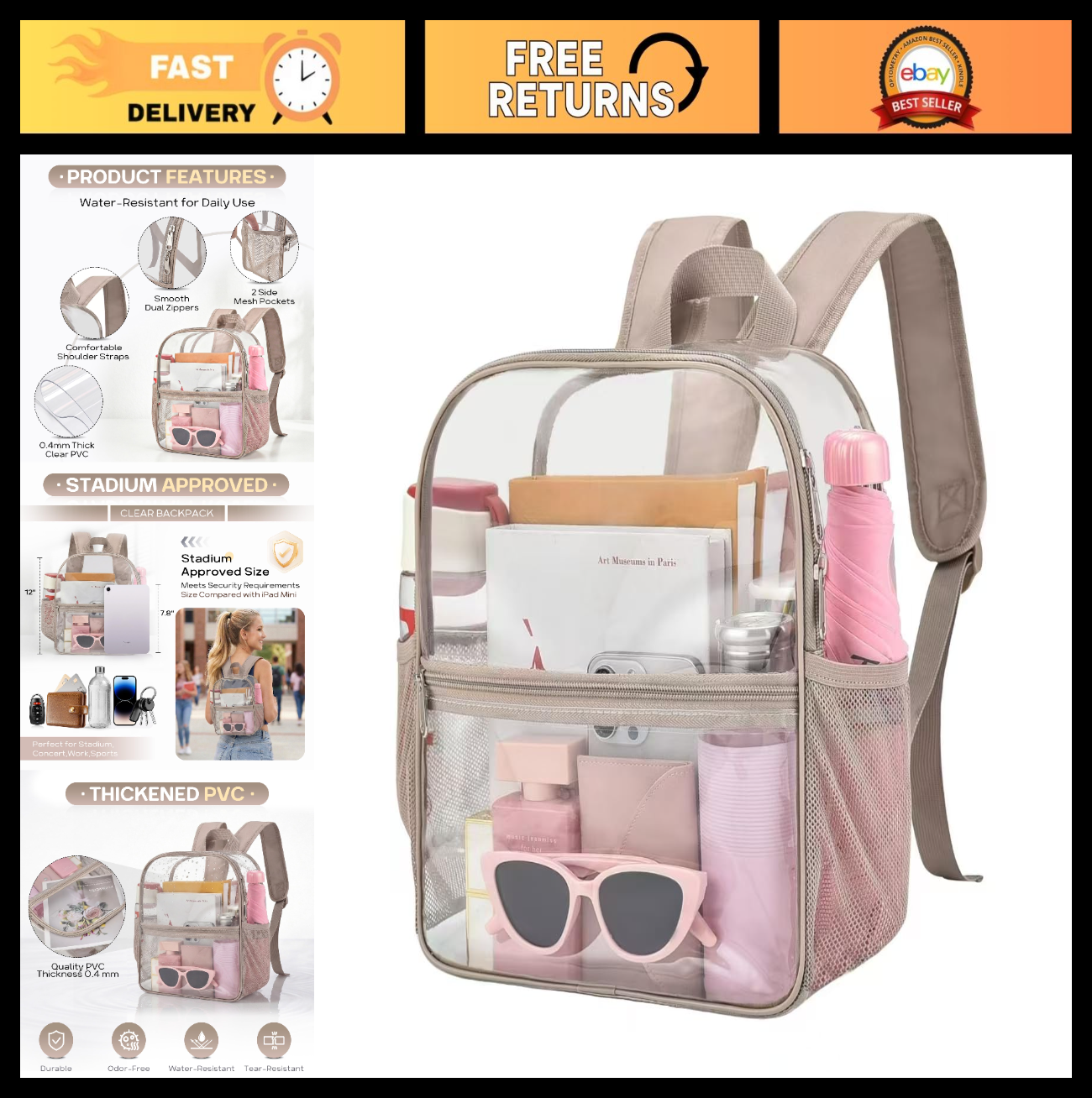Clear Stadium Backpack, Transparent Bag for Concerts & Sports, Waterproof PVC, A0