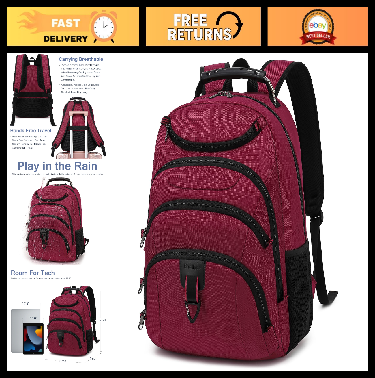 Waterproof 15.6" Laptop Backpack with USB Port, Anti Theft Travel Bag, Red0