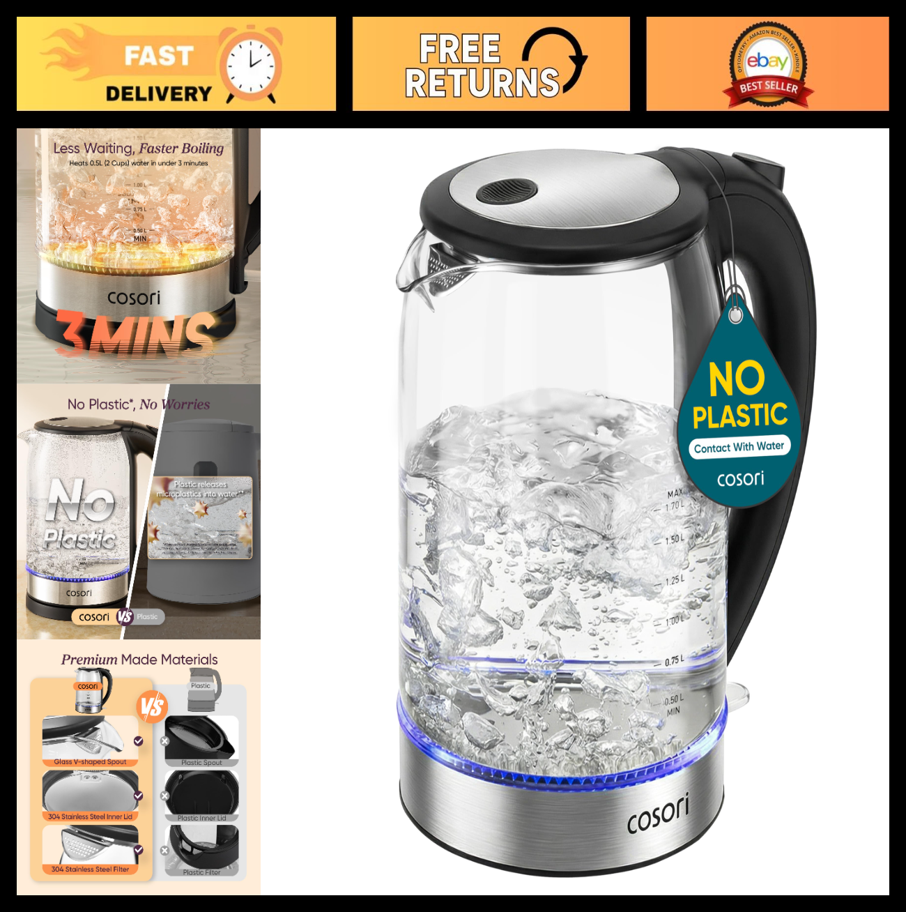 1.7L Electric Kettle   Borosilicate Glass, No Plastic, Auto Shut Off, Easy Clean0