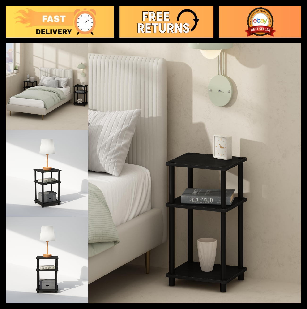 3-Tier Open Storage Nightstand, Easy Assembly, Plastic Poles, Americano/Black Fi0