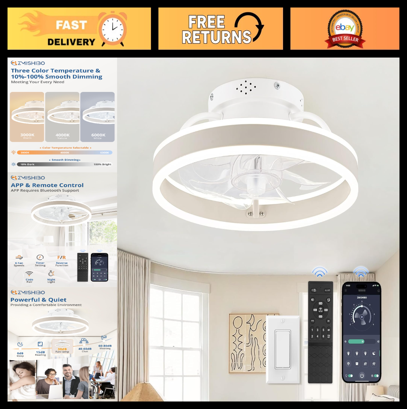 Low Profile Ceiling Fan with Lights & Remote   13" Modern Flush Mount Fandelier,0