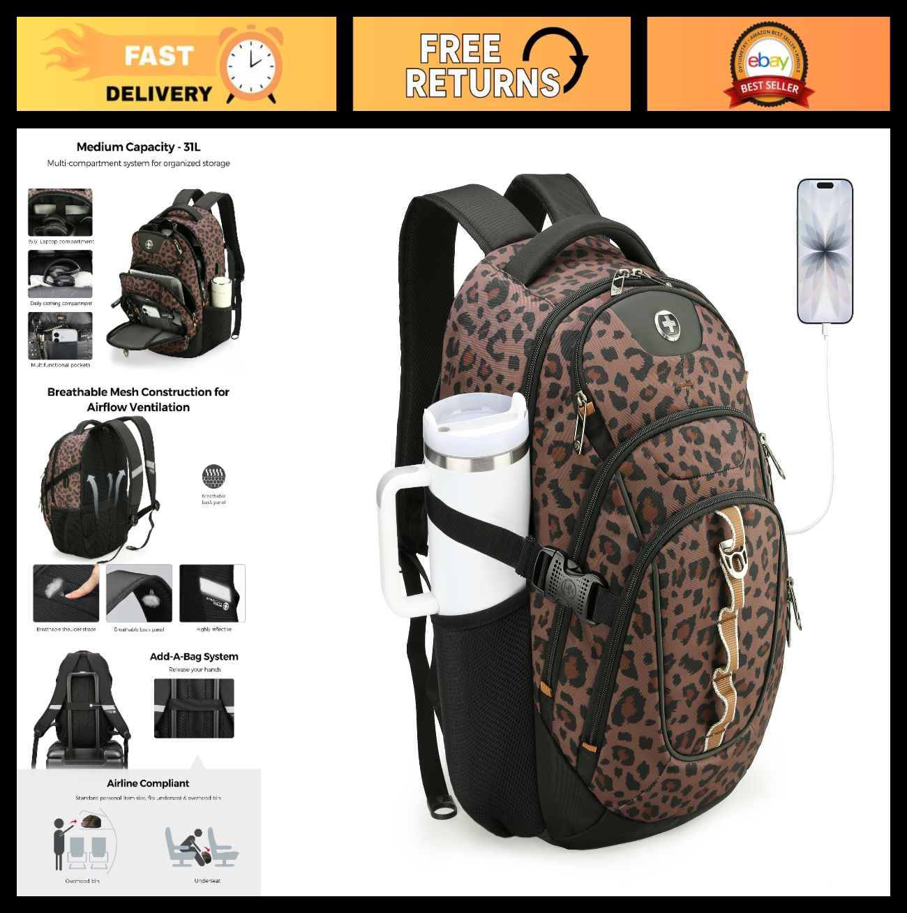 Stylish Brown Leopard Laptop Backpack, Water Resistant, Multi Compartment Design0