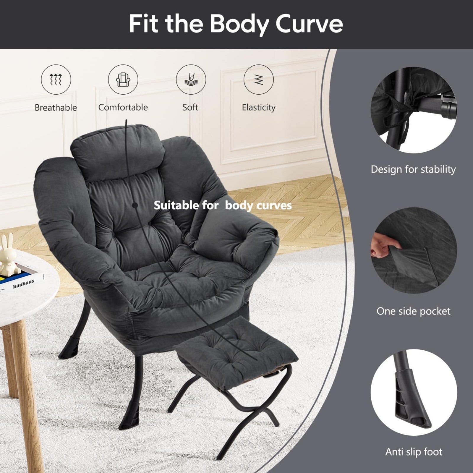 Modern Folding Ottoman Lazy Chair - Large Accent Armchair for Bedroom, Office &3