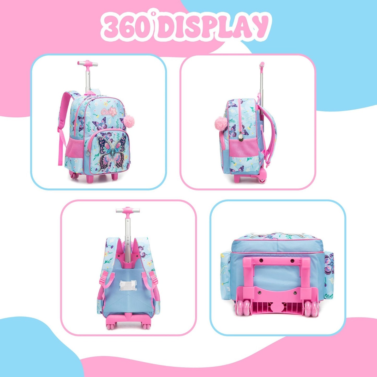 Cute Butterfly Kids Rolling Backpack with Wheels, School Roller Bag & Lunch Case3